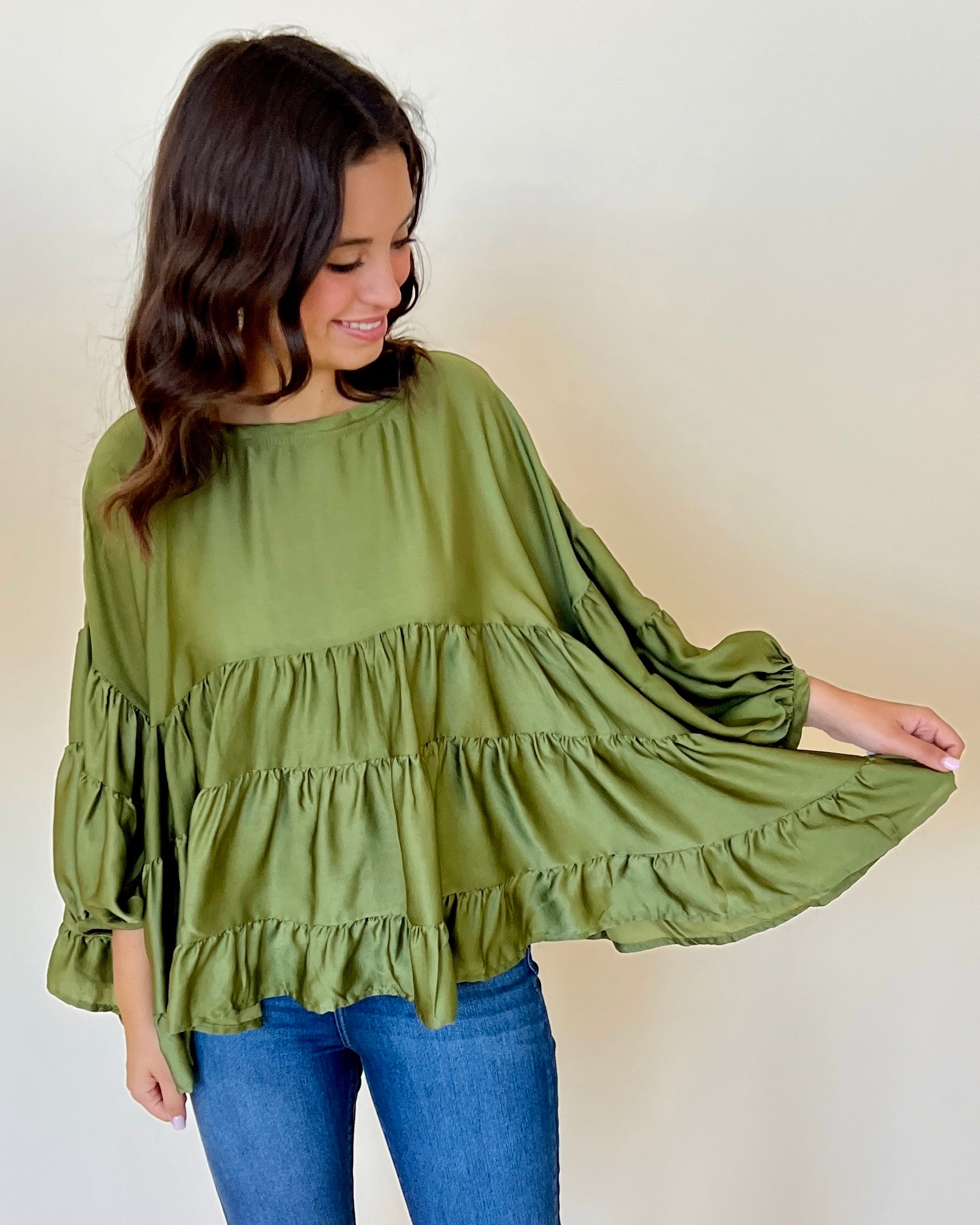 Breezy Times Olive Satin Tiered Top-Shop-Womens-Boutique-Clothing