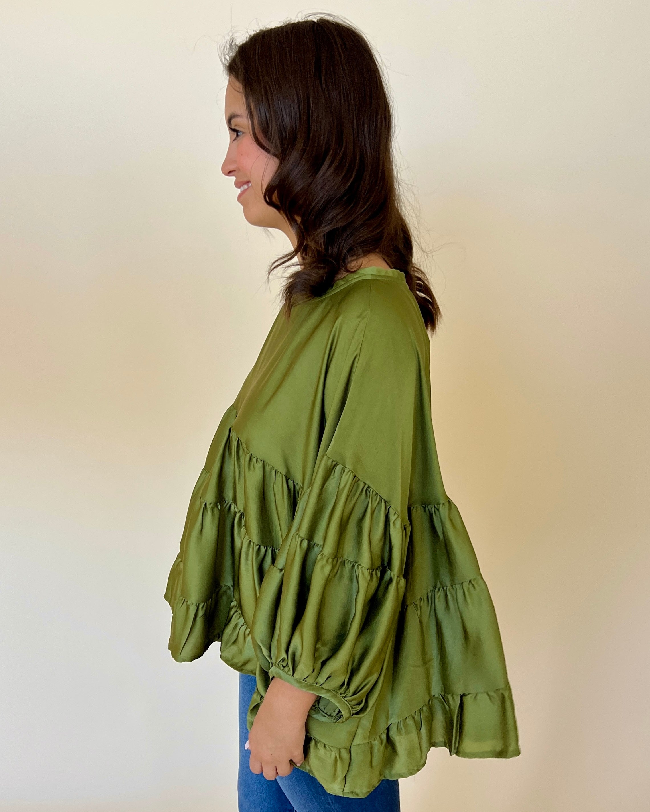 Breezy Times Olive Satin Tiered Top-Shop-Womens-Boutique-Clothing