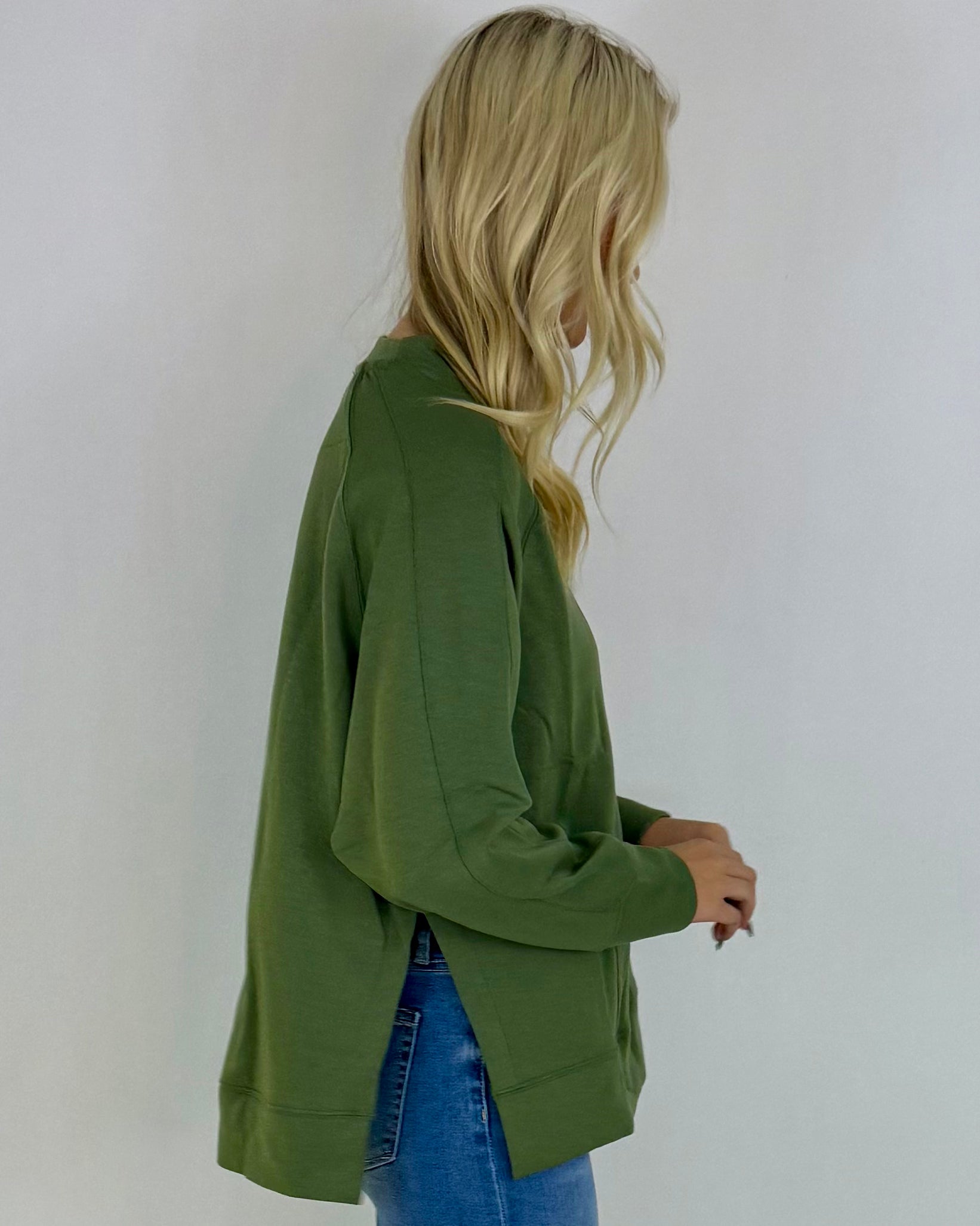 Chill Vibe Lt. Olive Scuba Side Slit Sweatshirt-Shop-Womens-Boutique-Clothing