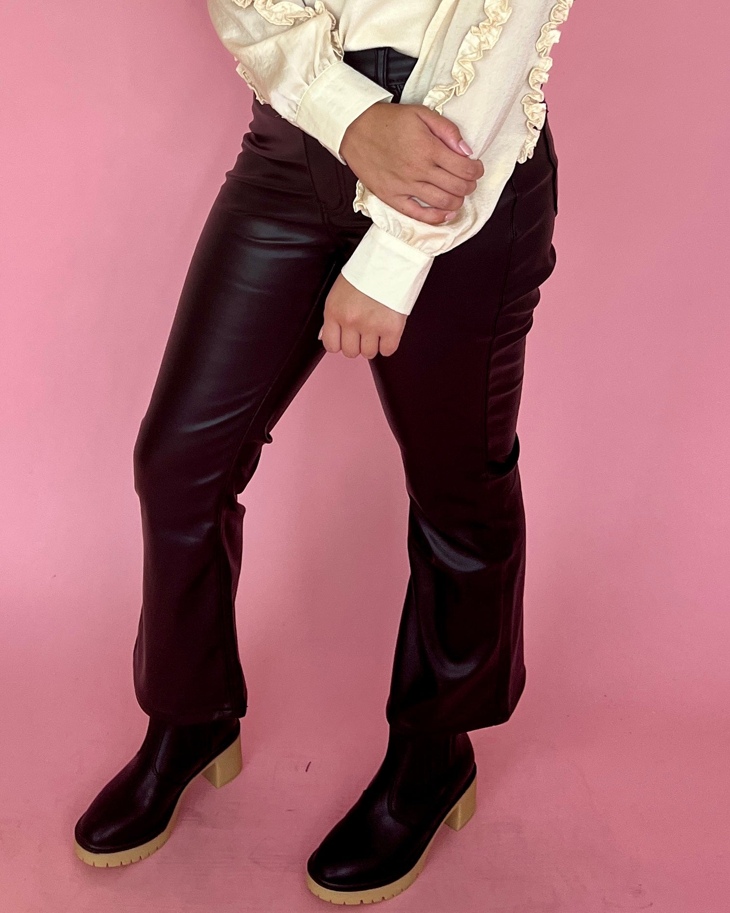 On Your Way Black Faux Leather High Rise Crop Flare Jeans-Shop-Womens-Boutique-Clothing