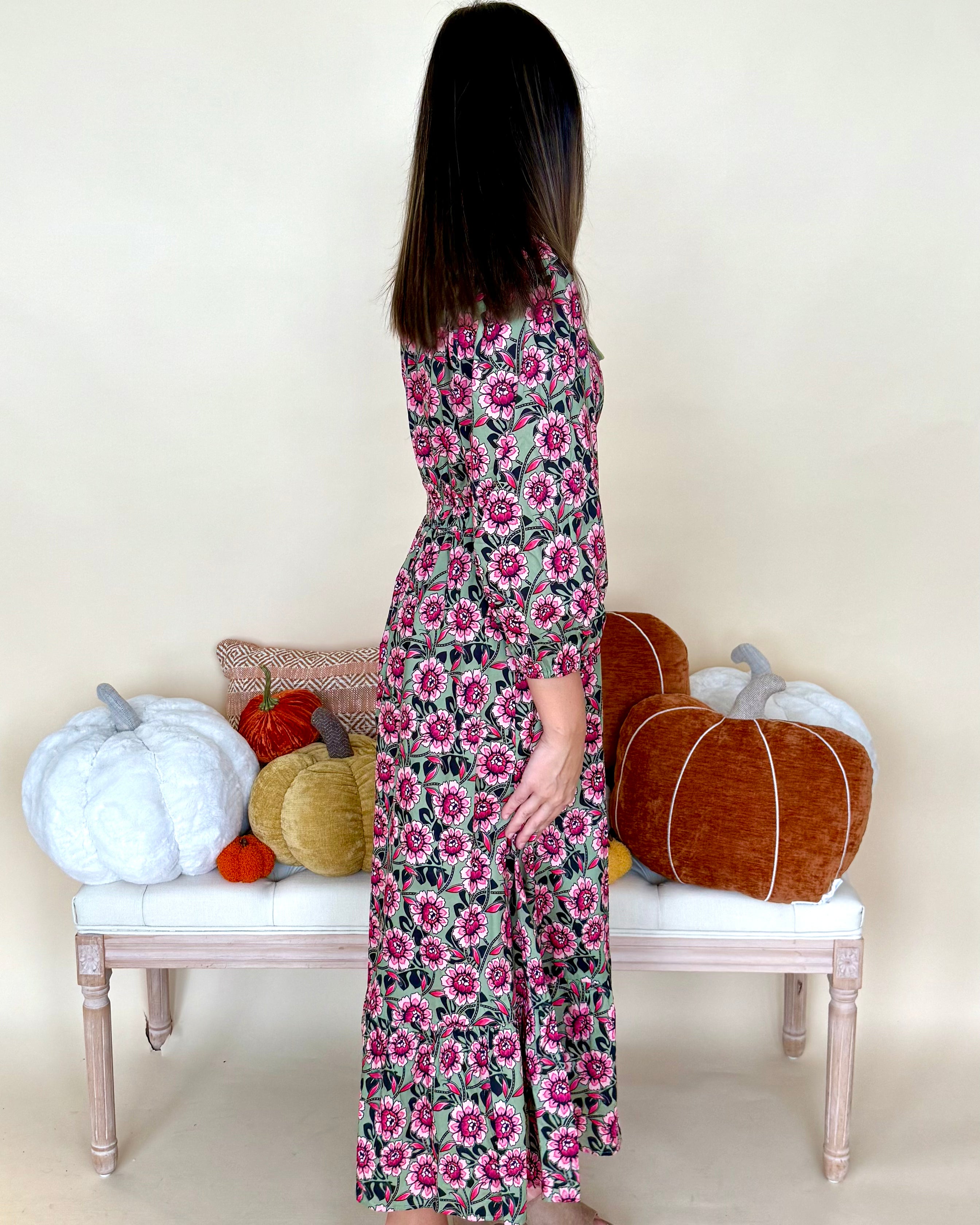 Every Step Sage Mix Floral Ruffle Midi Dress-Shop-Womens-Boutique-Clothing