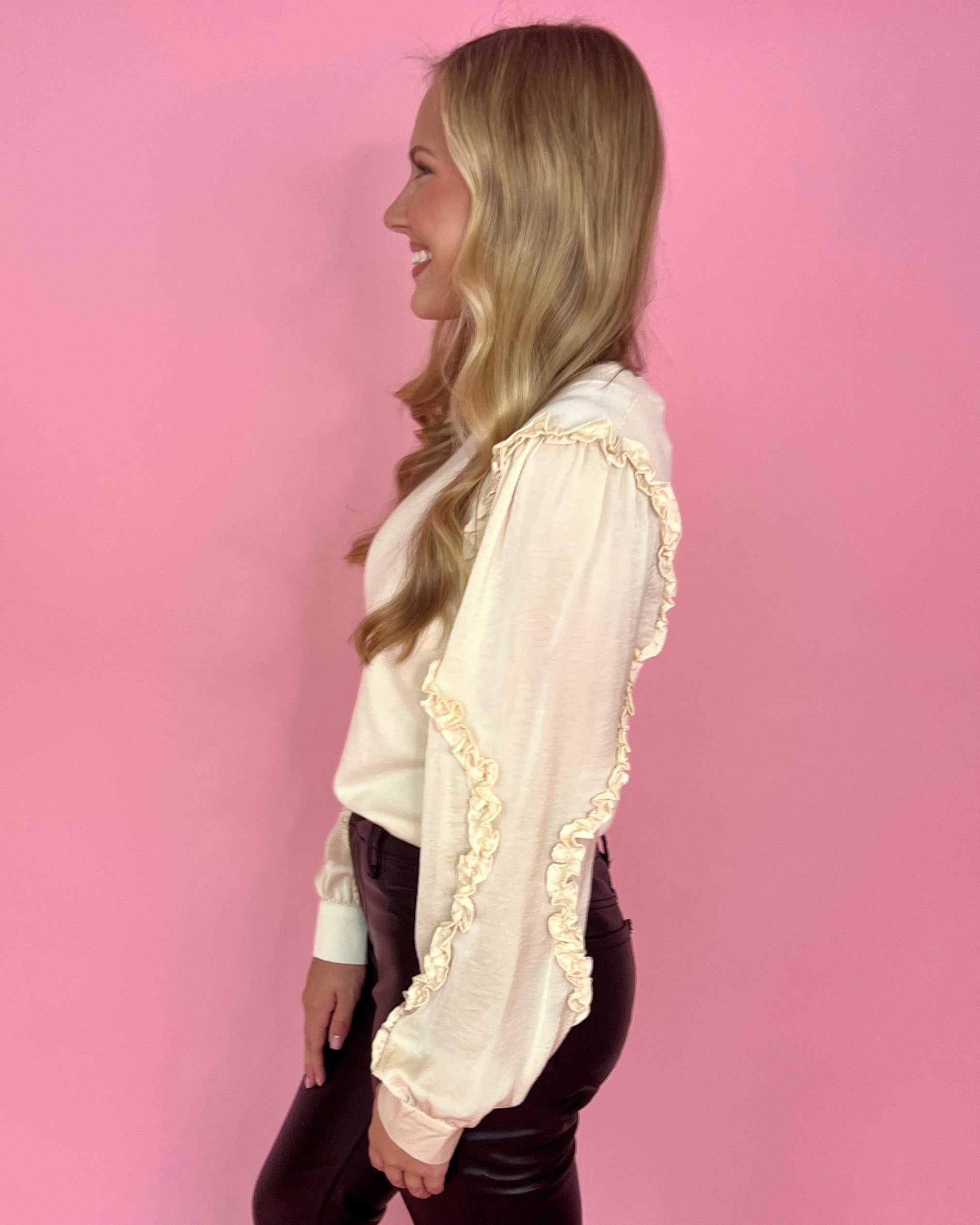 Excited For It Butter Cream Satin Ruffle Sweater-Shop-Womens-Boutique-Clothing
