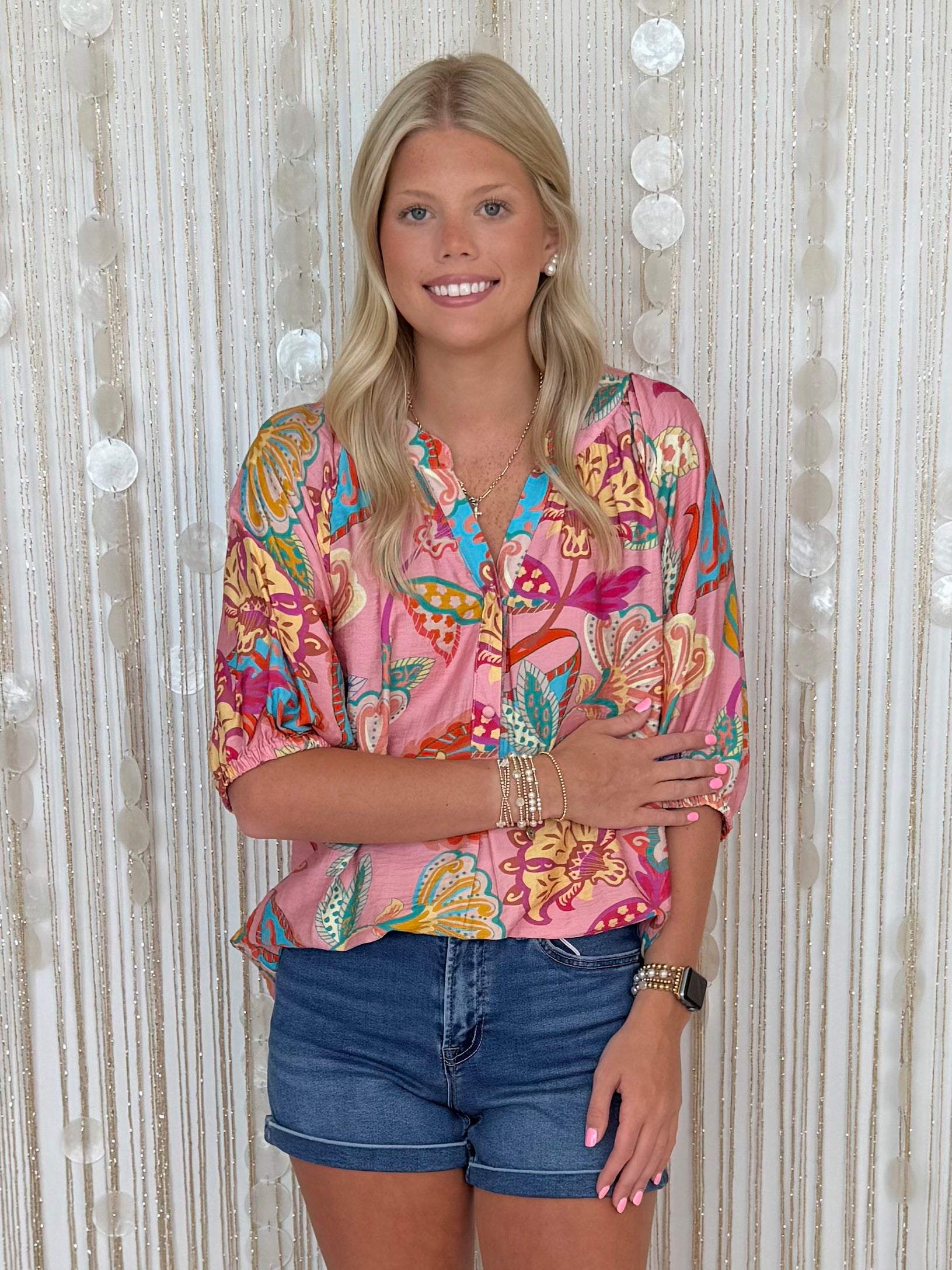 Cozy Charm Pink Mix Paisley Print Top-Shop-Womens-Boutique-Clothing