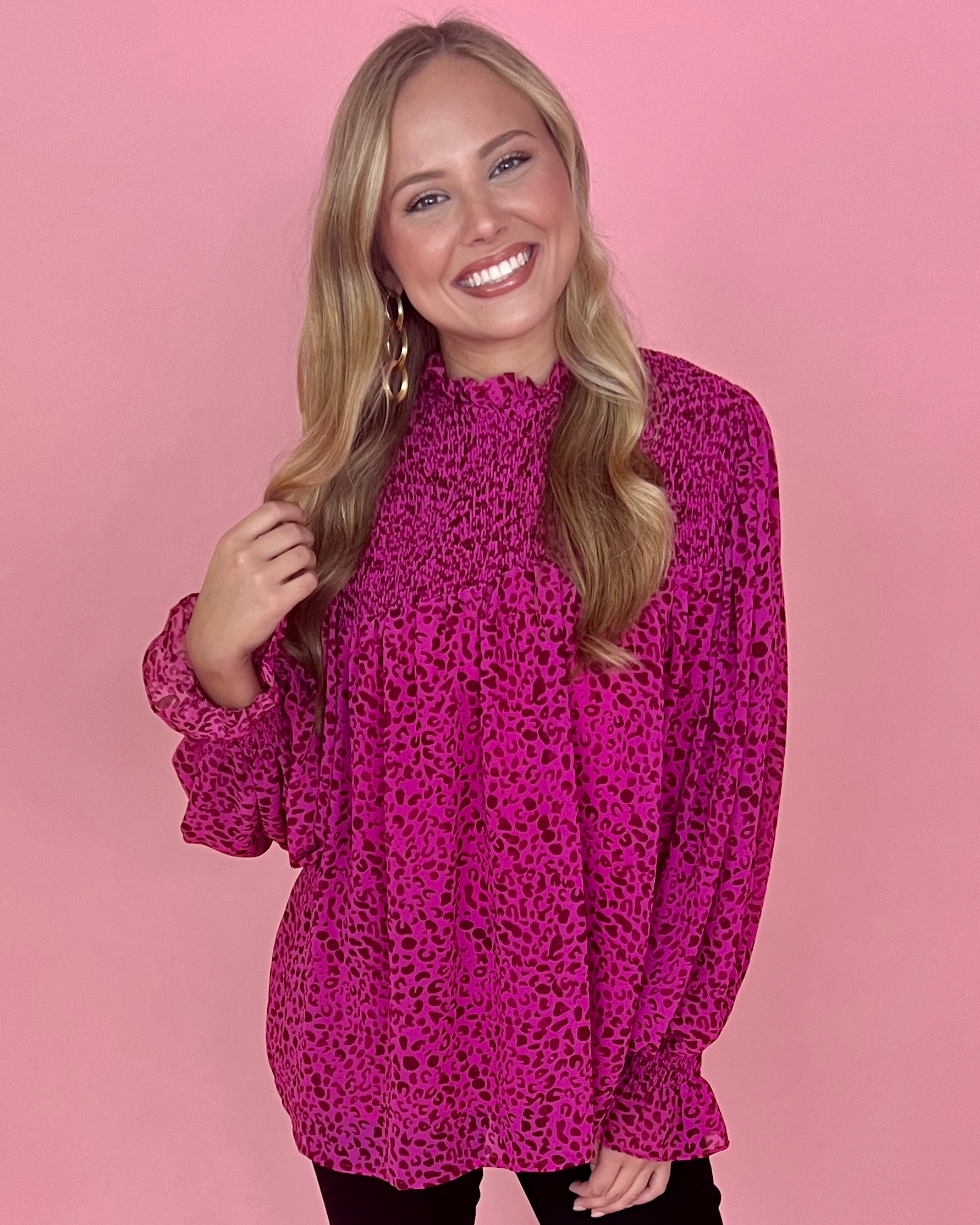 Chasing Dreams Magenta Printed Smocked Yoke LS Top-Shop-Womens-Boutique-Clothing