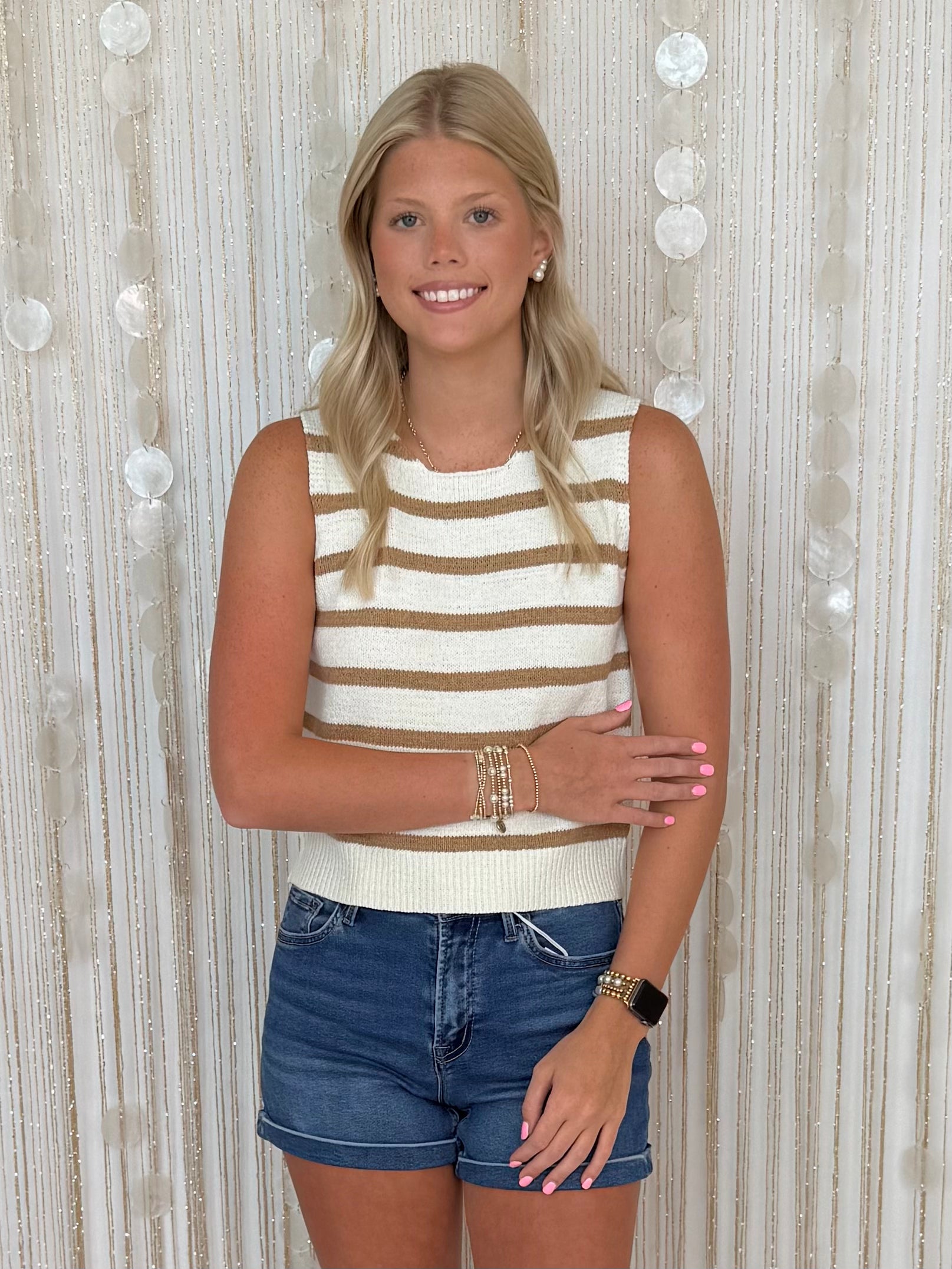 Quiet Storm Light Khaki Stripe Sleeveless Sweater-Shop-Womens-Boutique-Clothing