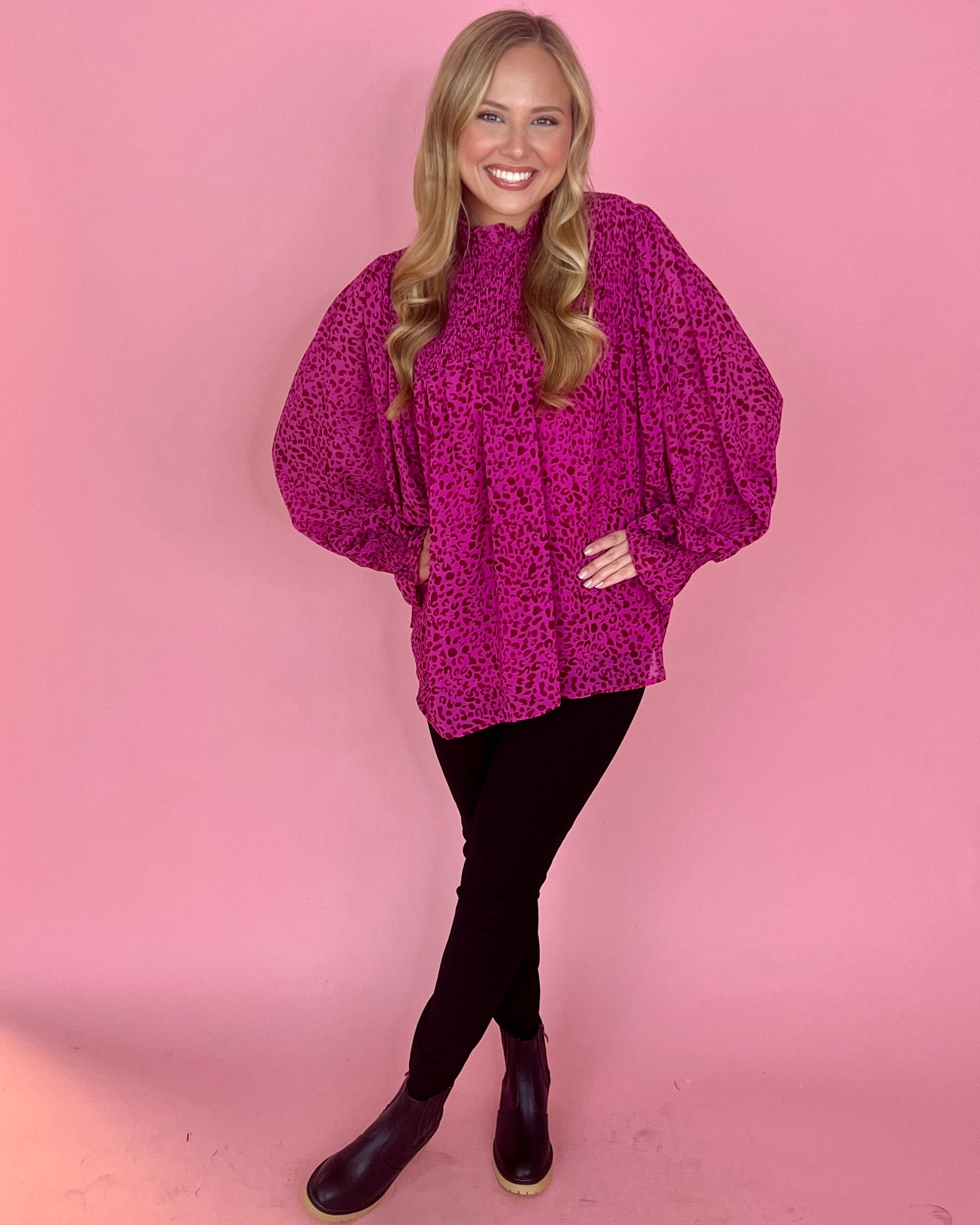 Chasing Dreams Magenta Printed Smocked Yoke LS Top-Shop-Womens-Boutique-Clothing