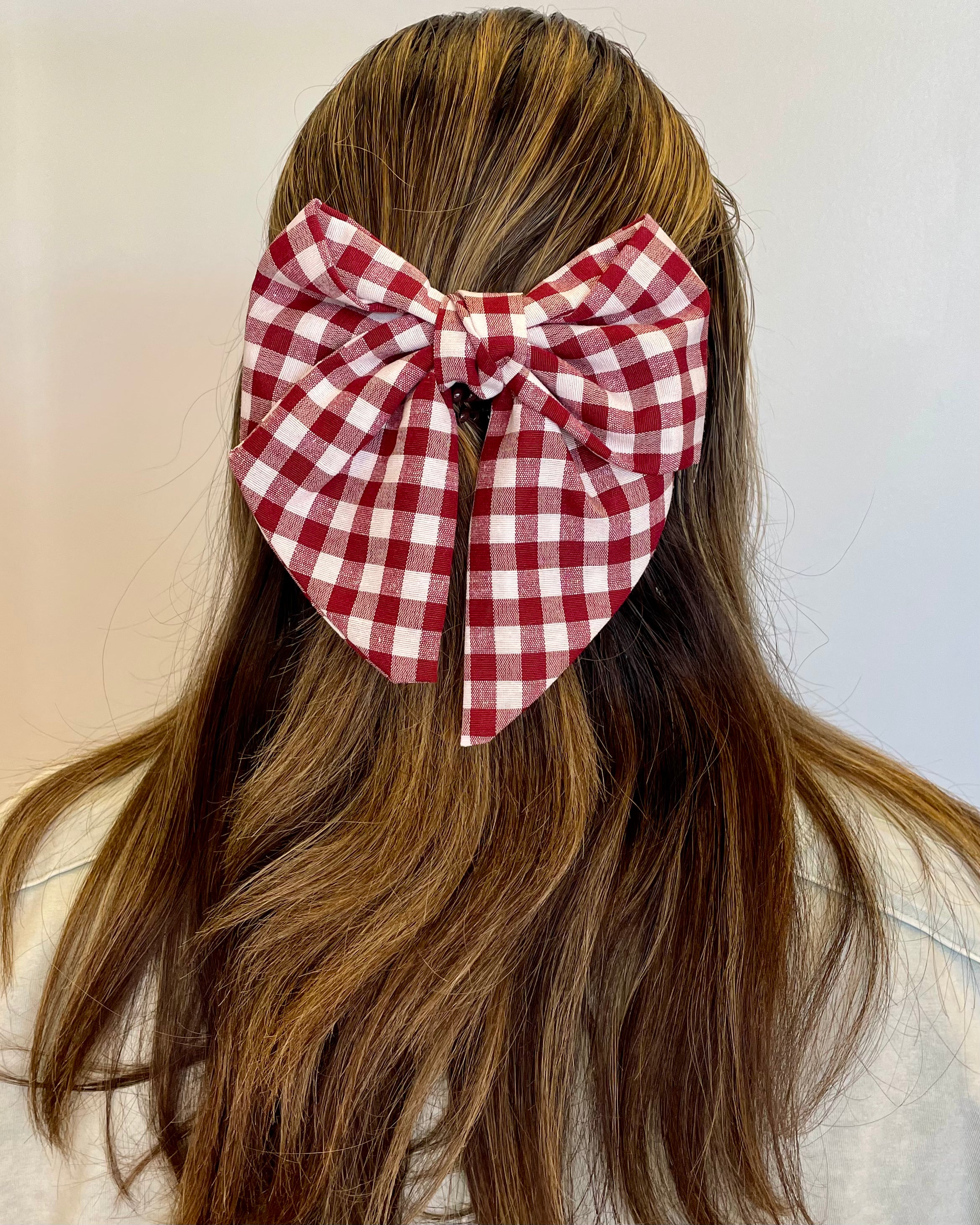 Burgundy/White Checkered Hair Bow-Shop-Womens-Boutique-Clothing