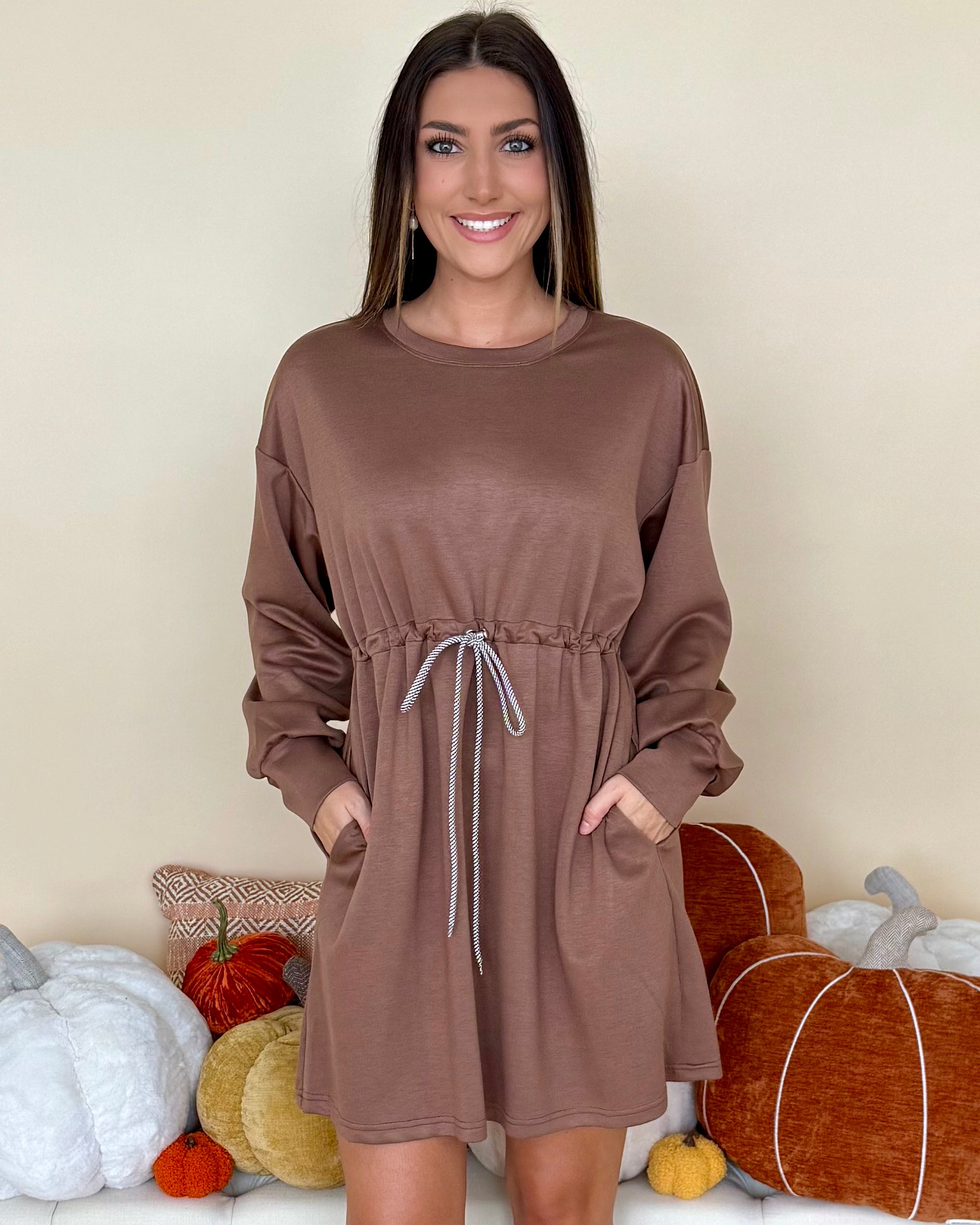 Sweet Spot Mocha Drawstring Dress-Shop-Womens-Boutique-Clothing