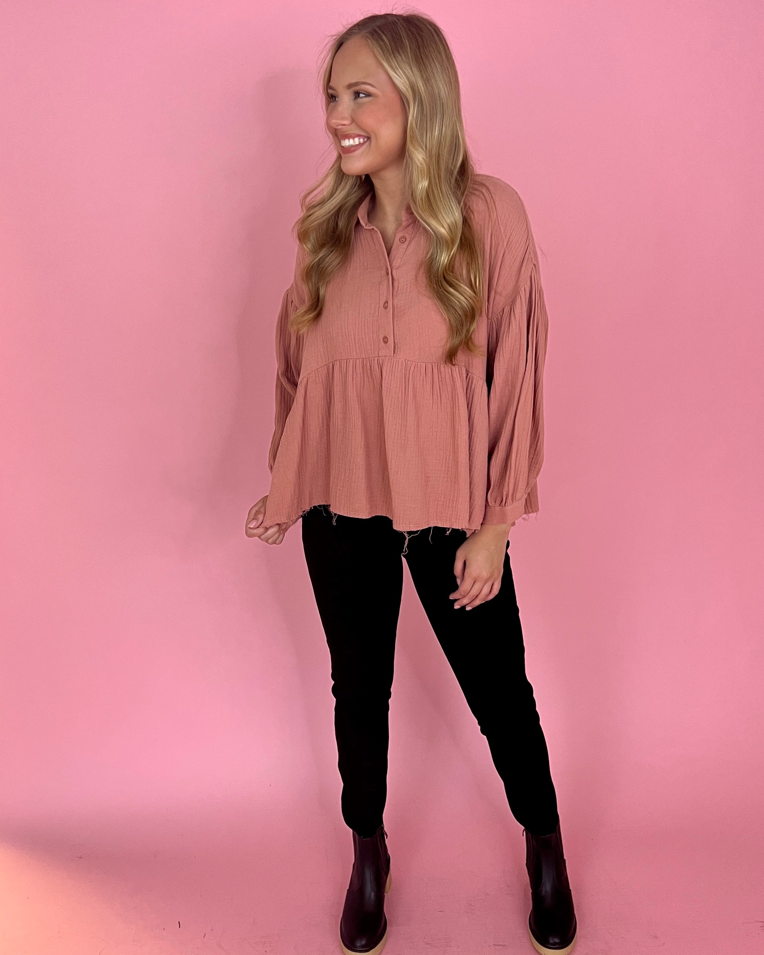 Sweet Gestures Mauve Crinkle Gauze Collared Top-Shop-Womens-Boutique-Clothing