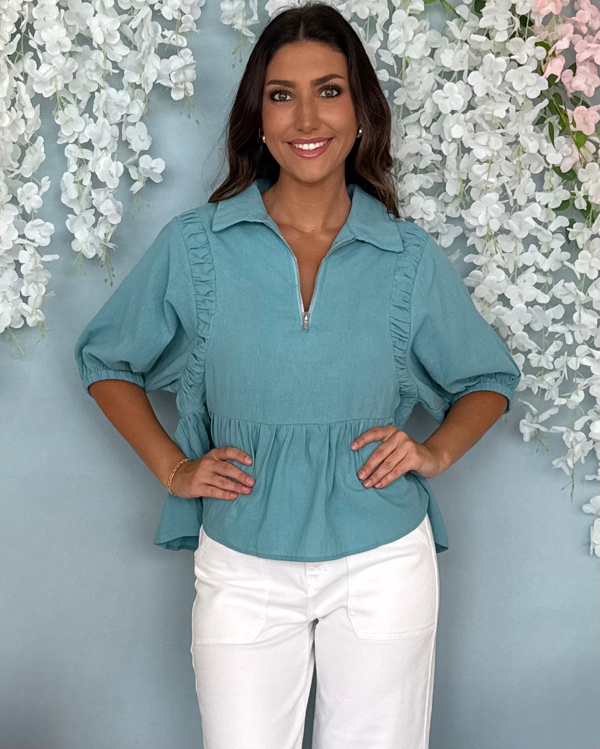 High Hopes Blue Peplum Zip-Up Top-Shop-Womens-Boutique-Clothing