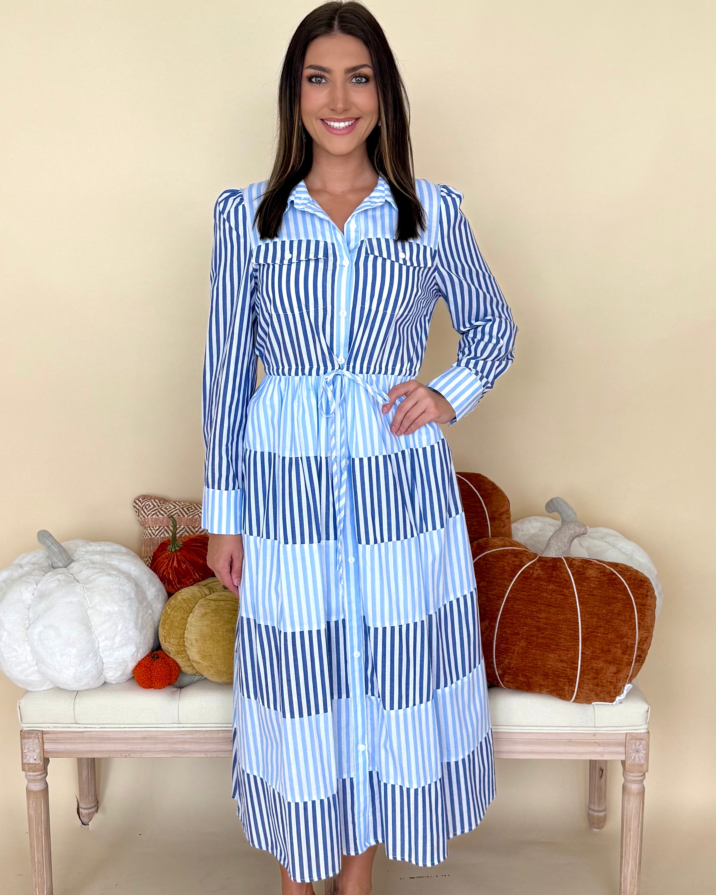 Little Statement Lt Blue Striped Midi Dress-Shop-Womens-Boutique-Clothing