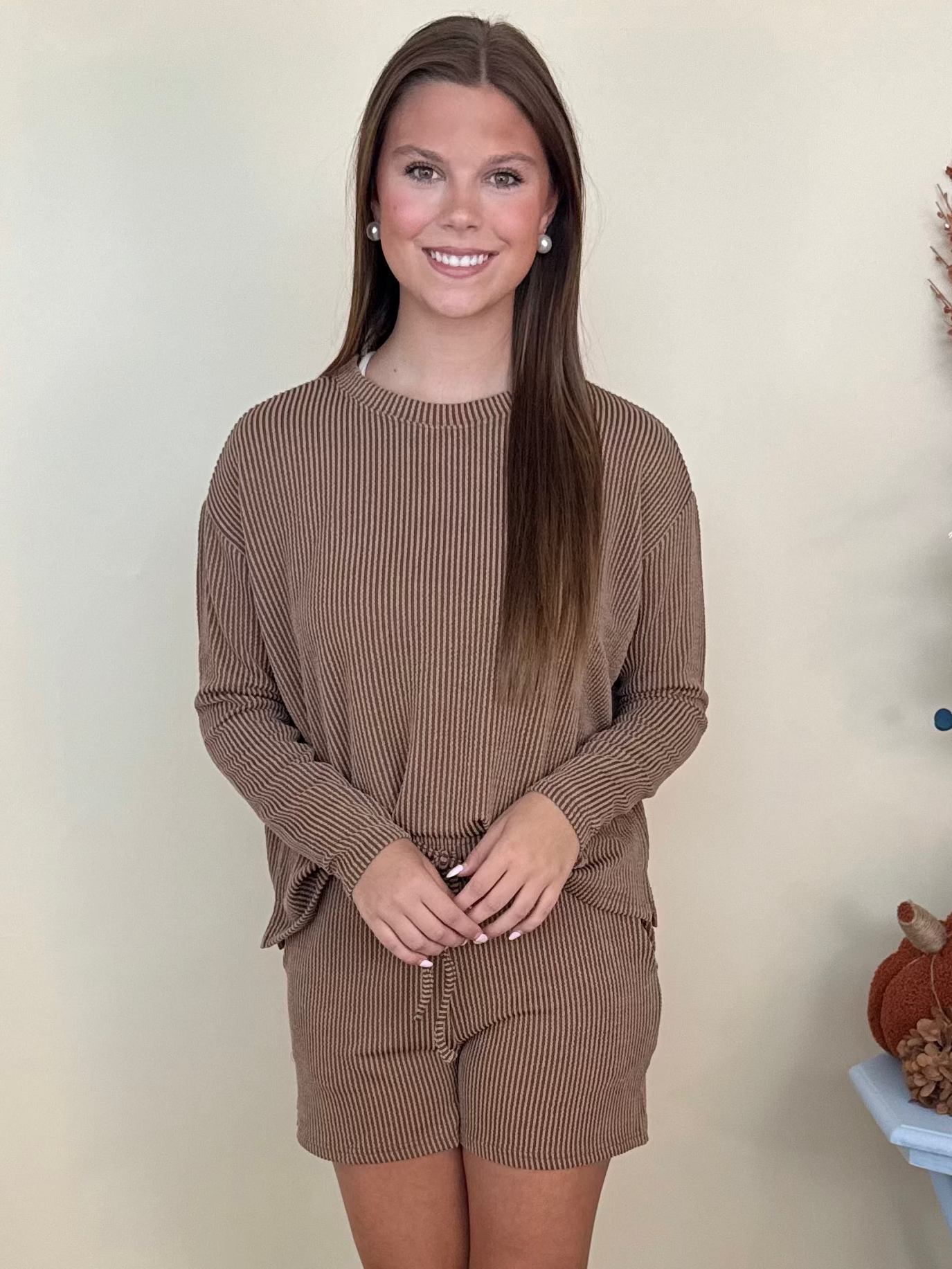 Everyday Luxe Deep Camel Raised Rib Long Sleeve and Shorts Set-Shop-Womens-Boutique-Clothing