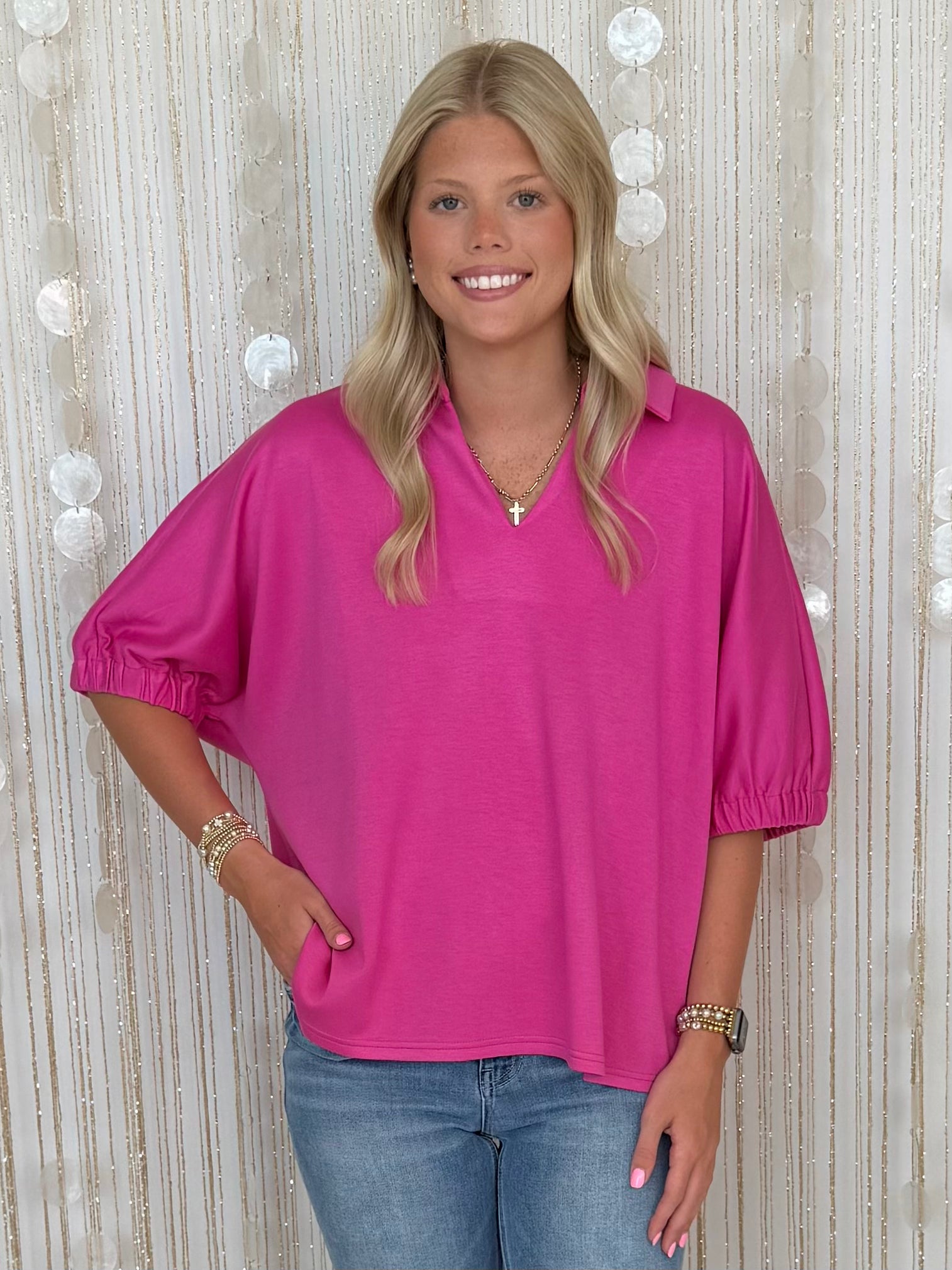 Botanical Beauty Hot Pink V-Neck Collared Top-Shop-Womens-Boutique-Clothing