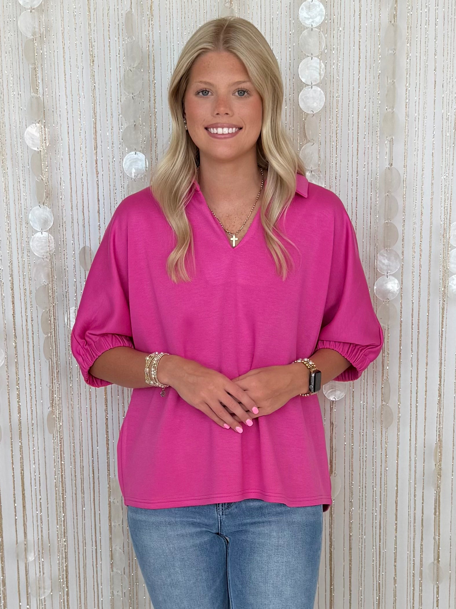 Botanical Beauty Hot Pink V-Neck Collared Top-Shop-Womens-Boutique-Clothing