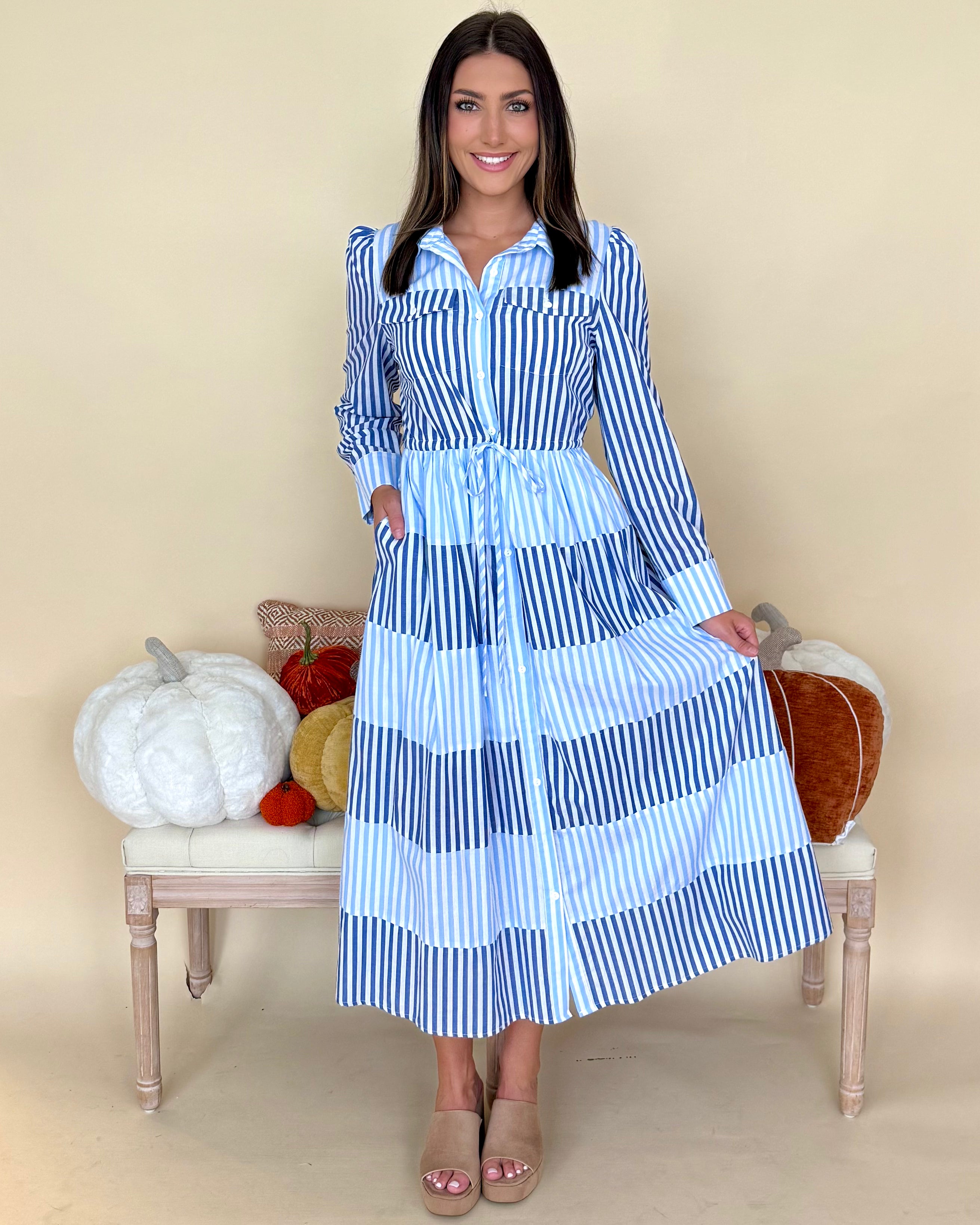 Little Statement Lt Blue Striped Midi Dress-Shop-Womens-Boutique-Clothing