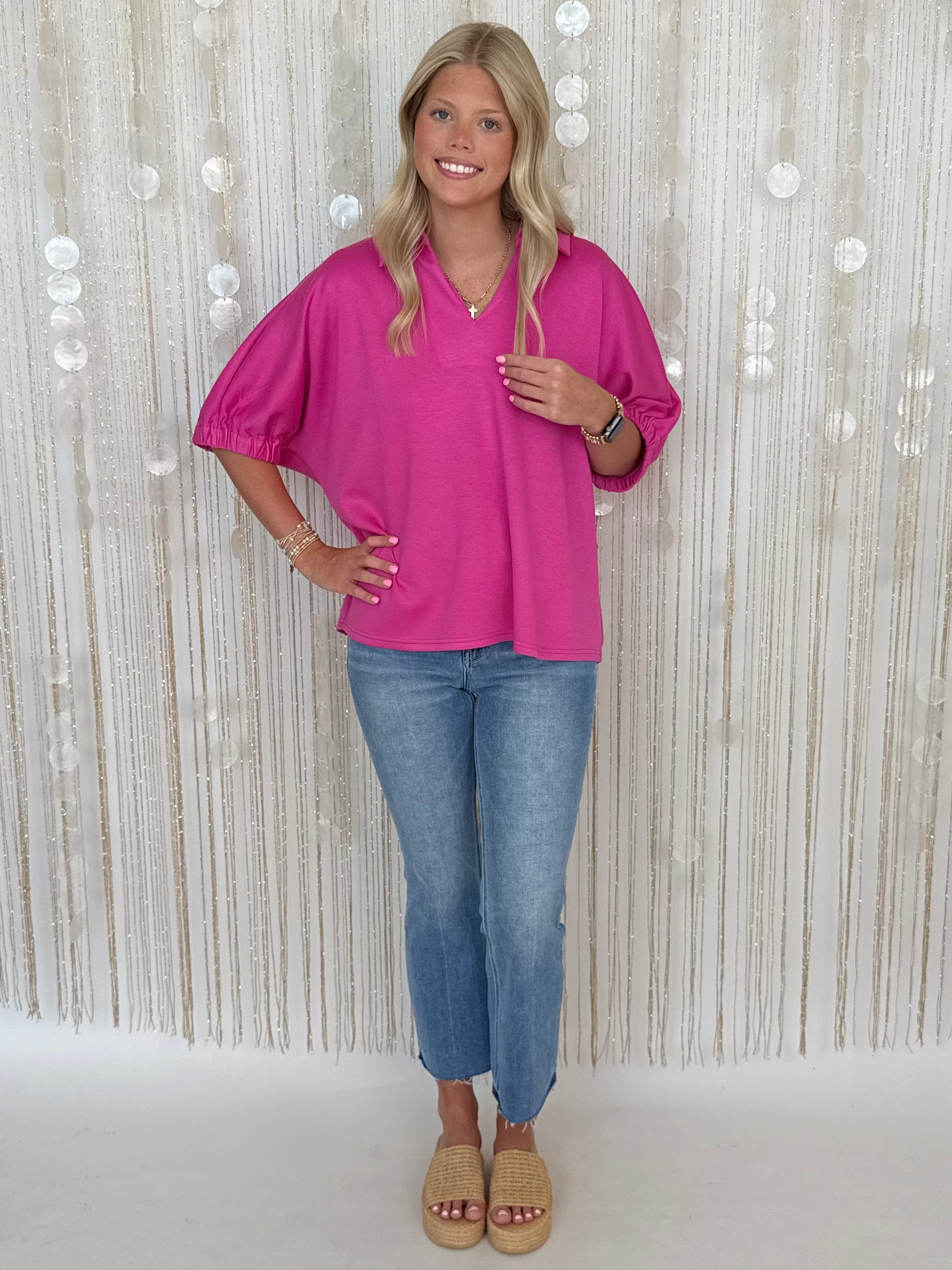 Botanical Beauty Hot Pink V-Neck Collared Top-Shop-Womens-Boutique-Clothing