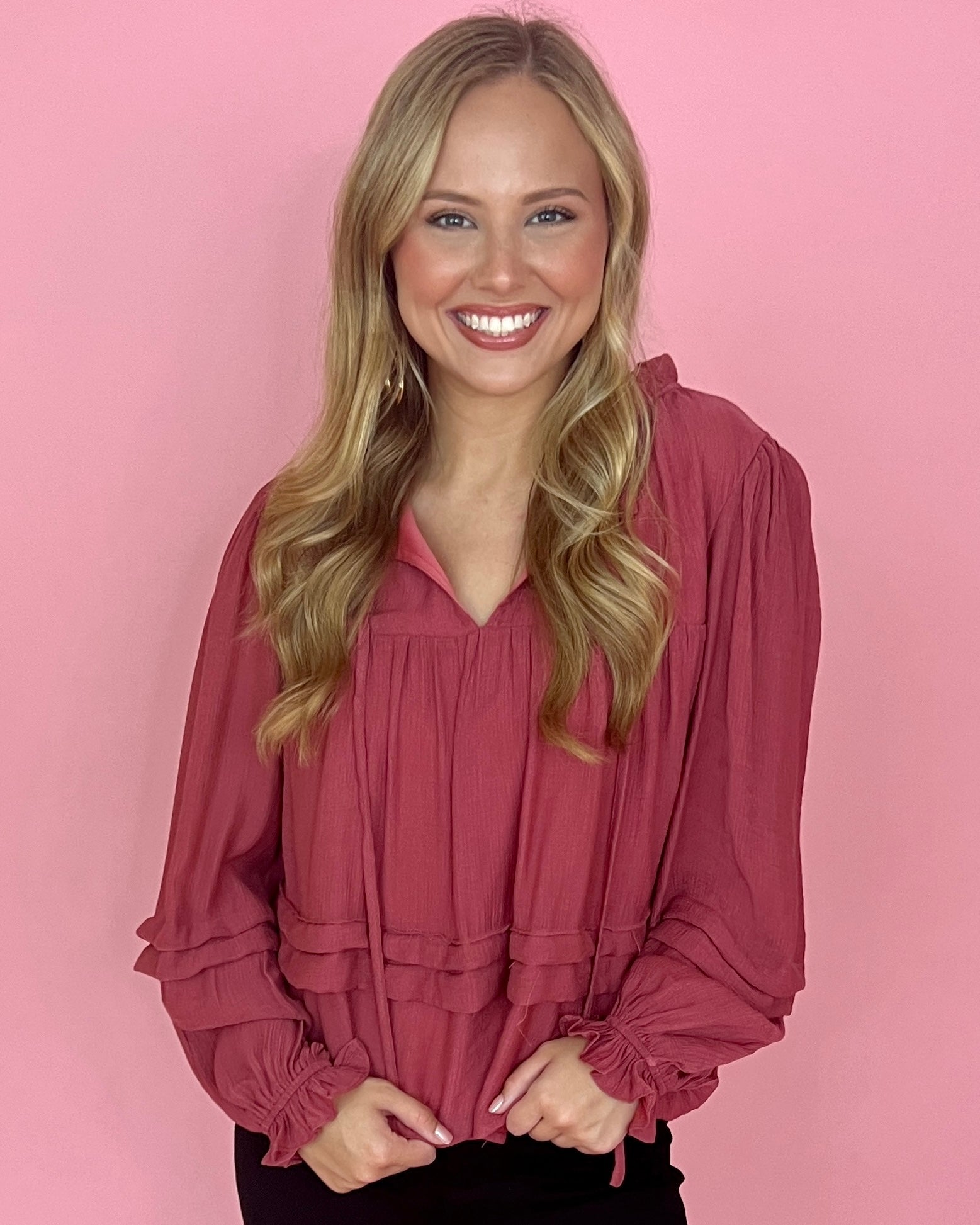 At My Best Red Clay Split Neck Ruffle Top-Shop-Womens-Boutique-Clothing