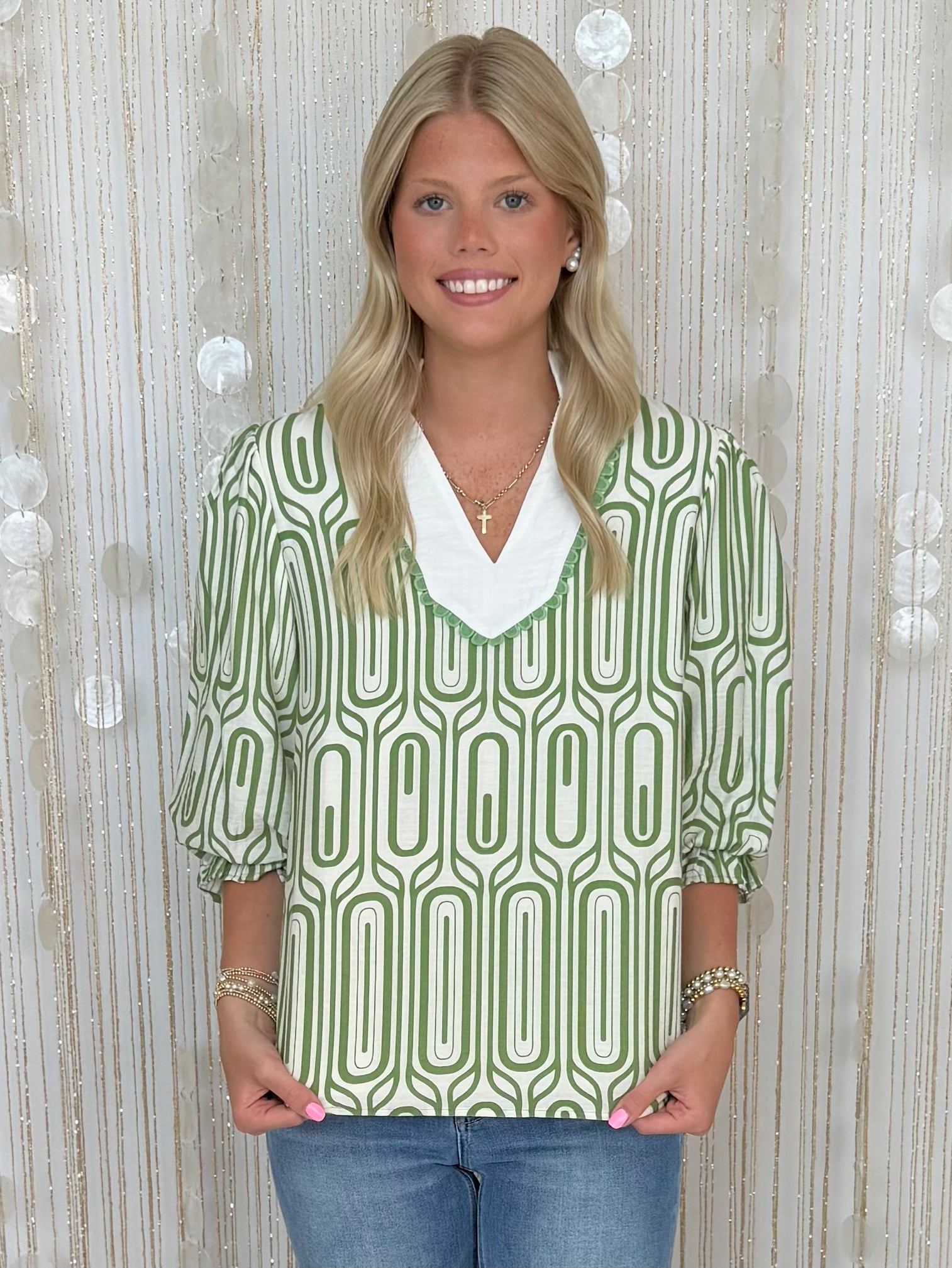 Simply Impressed Green Geometric Print Puff Sleeve Scallop Top-Shop-Womens-Boutique-Clothing