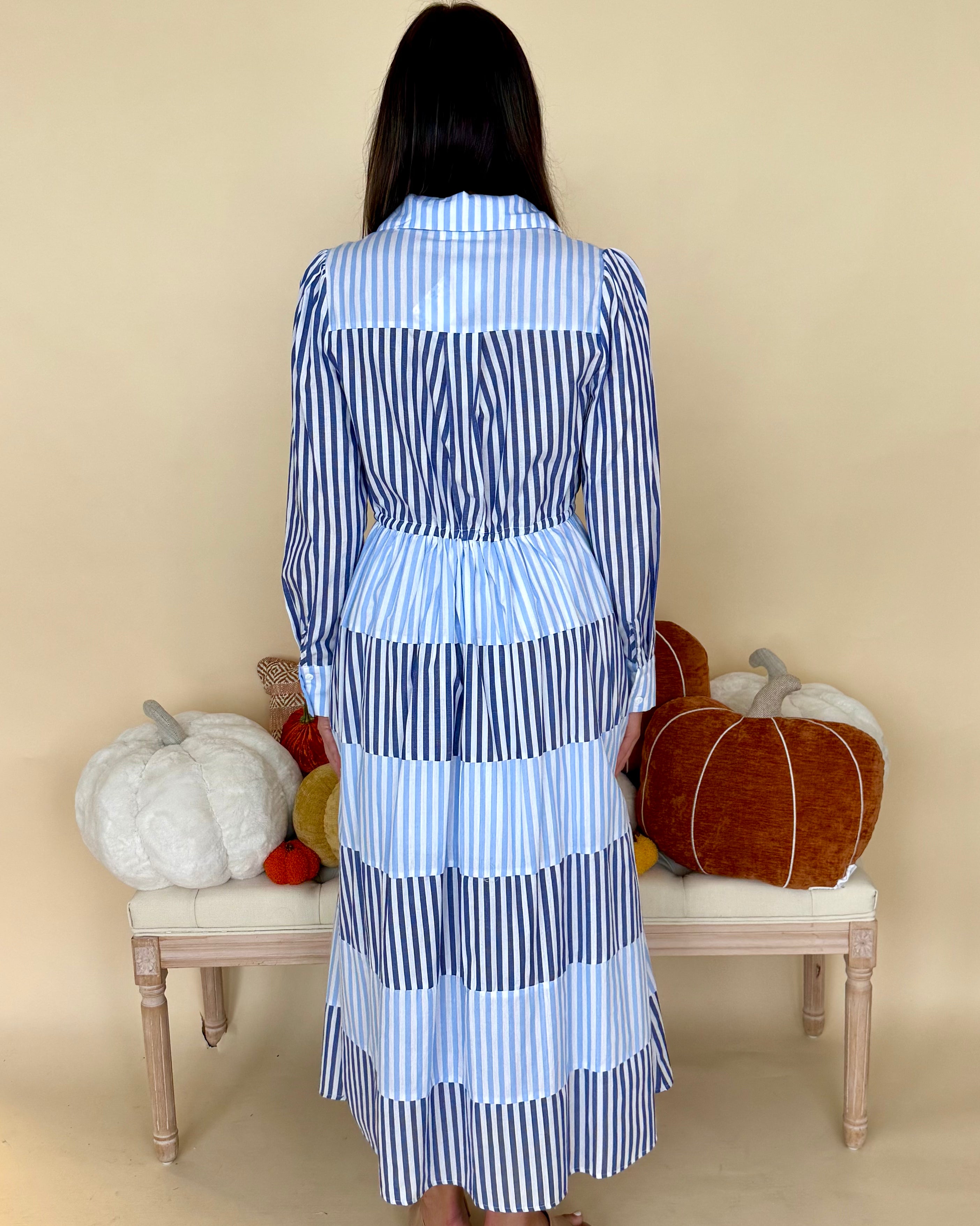 Little Statement Lt Blue Striped Midi Dress-Shop-Womens-Boutique-Clothing