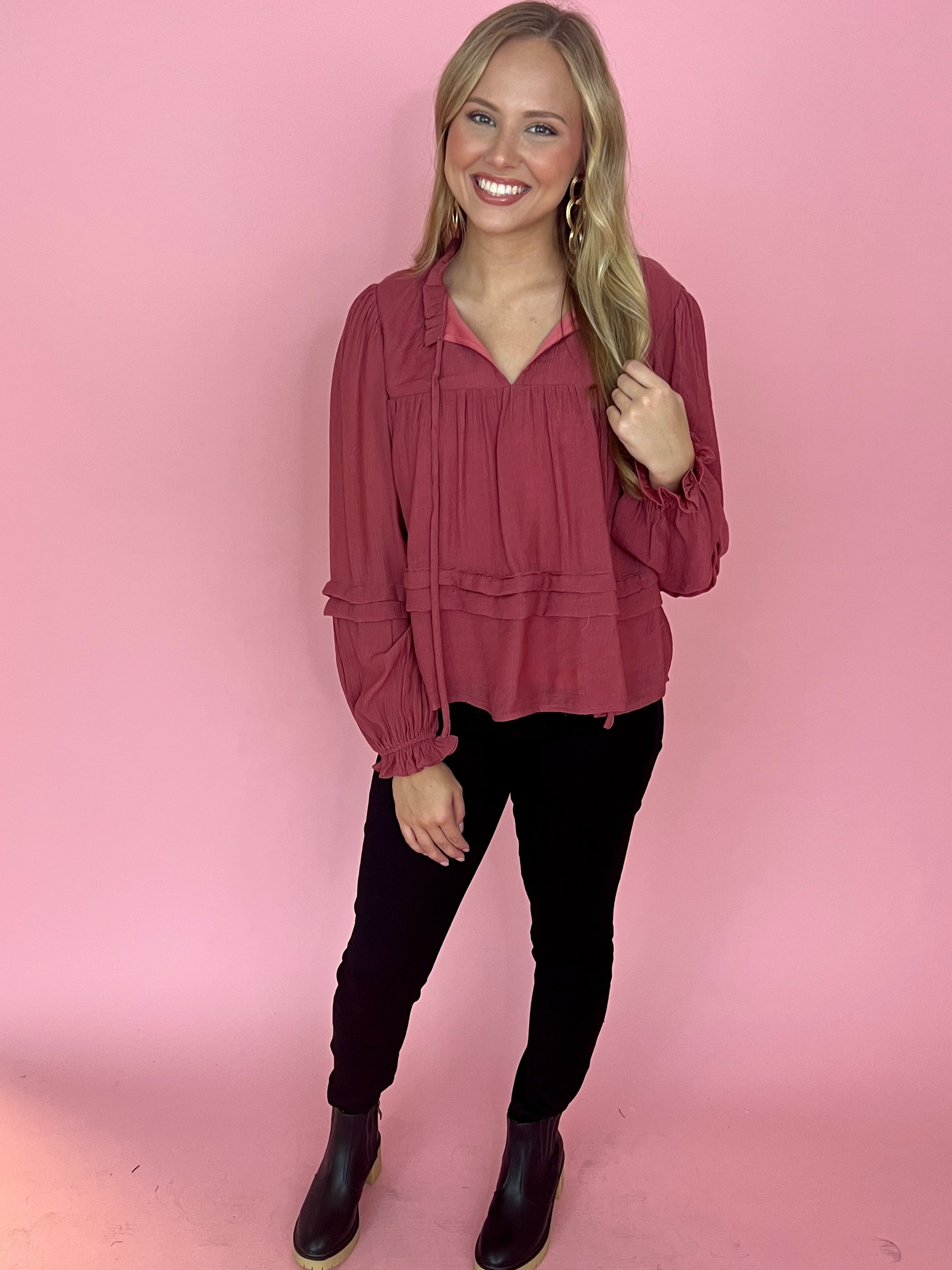 At My Best Red Clay Split Neck Ruffle Top-Shop-Womens-Boutique-Clothing