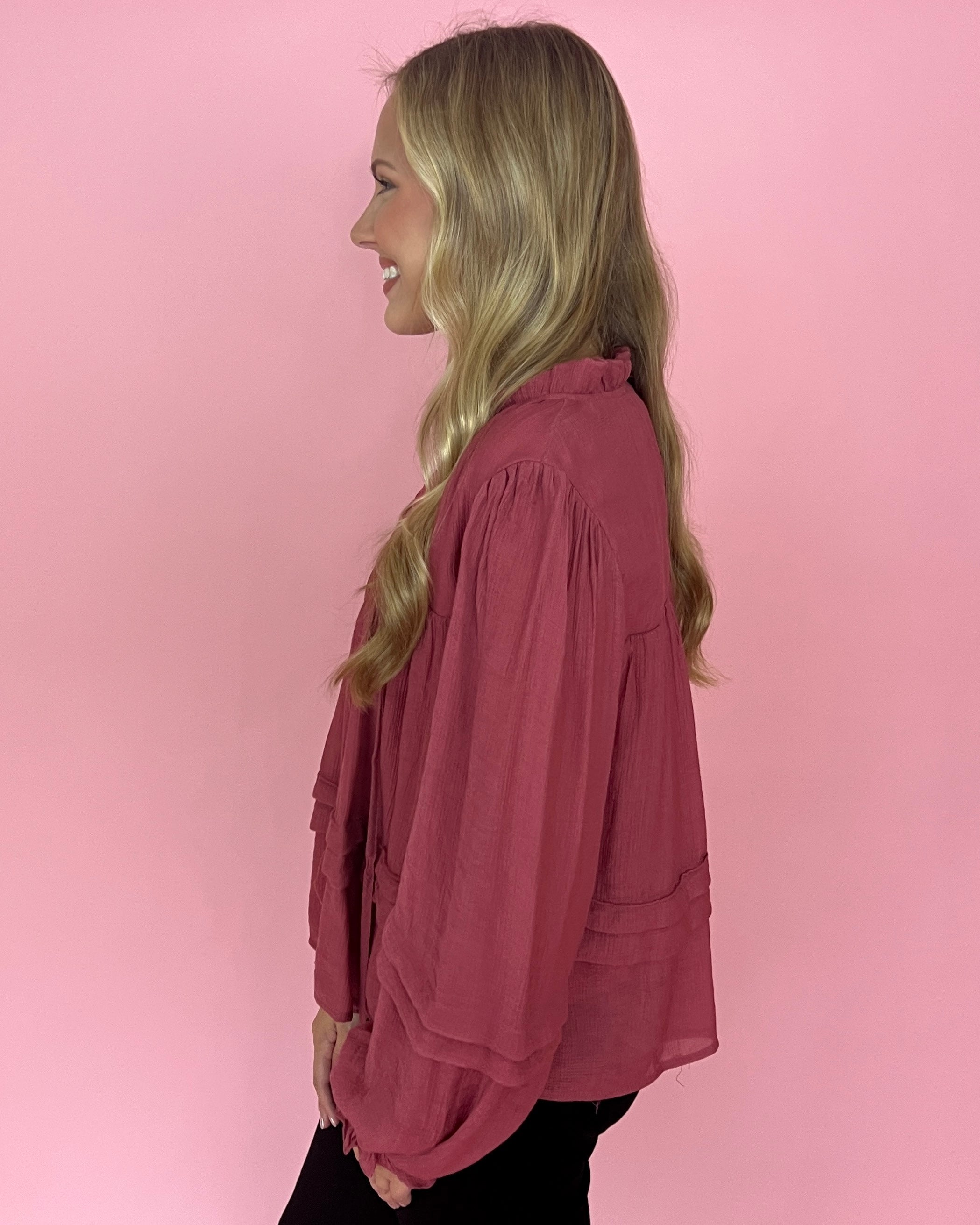 At My Best Red Clay Split Neck Ruffle Top-Shop-Womens-Boutique-Clothing
