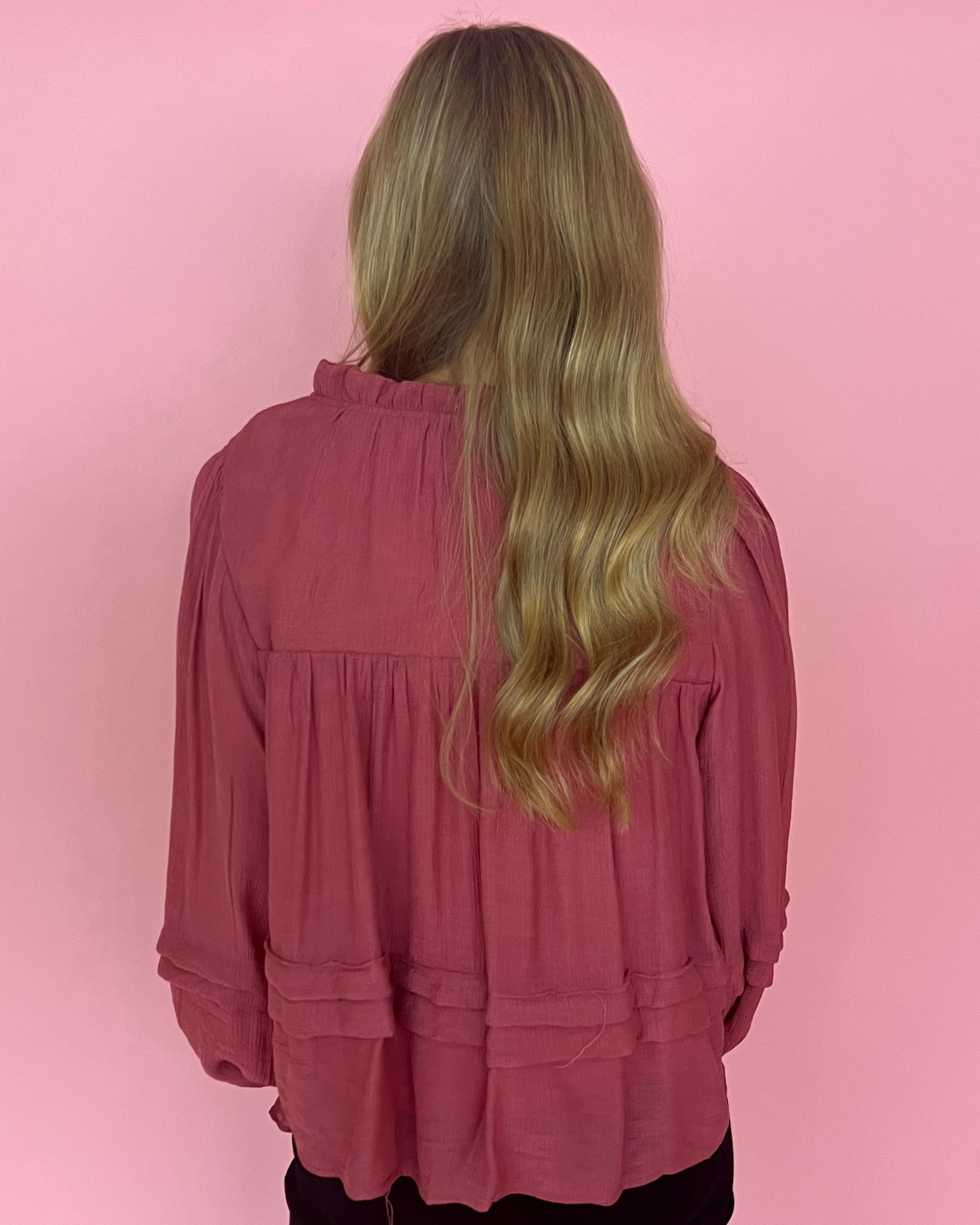At My Best Red Clay Split Neck Ruffle Top-Shop-Womens-Boutique-Clothing