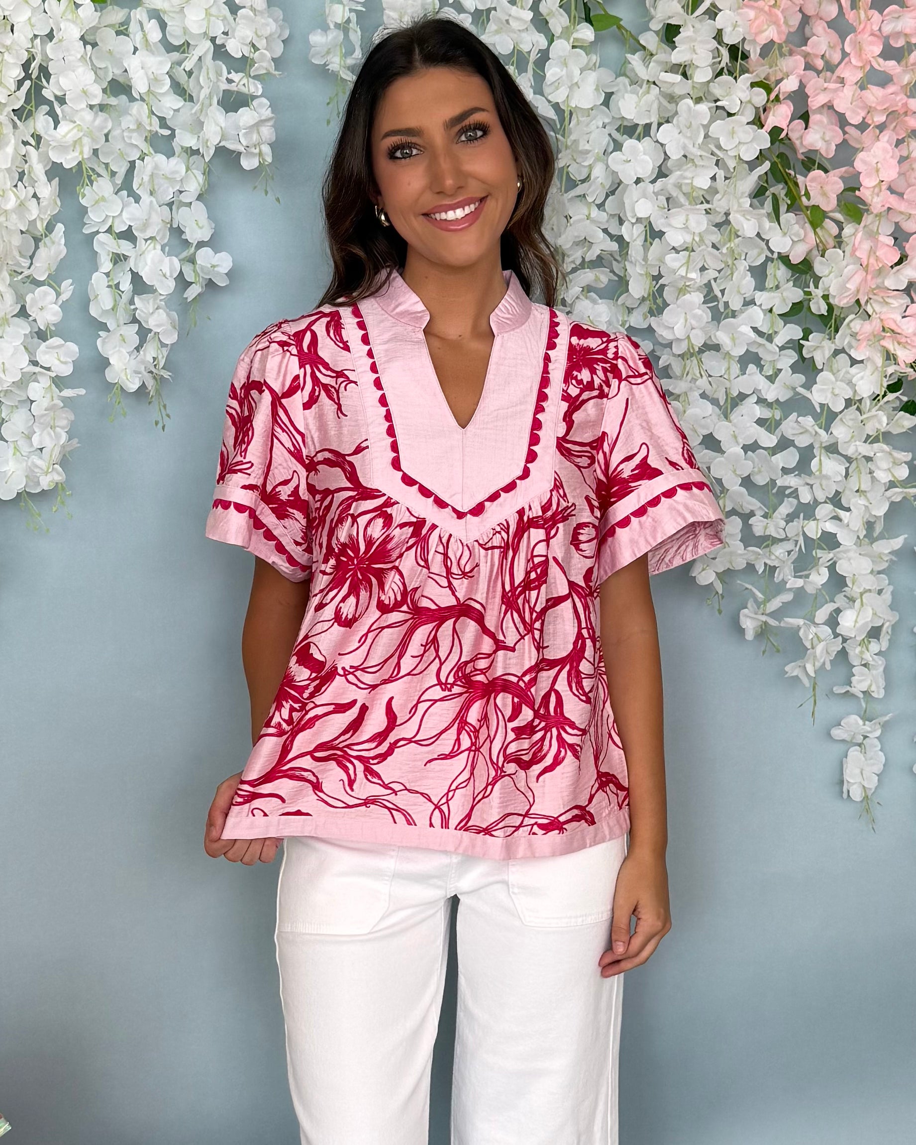 Summer Sorbet Pink Floral V-Neck Top-Shop-Womens-Boutique-Clothing