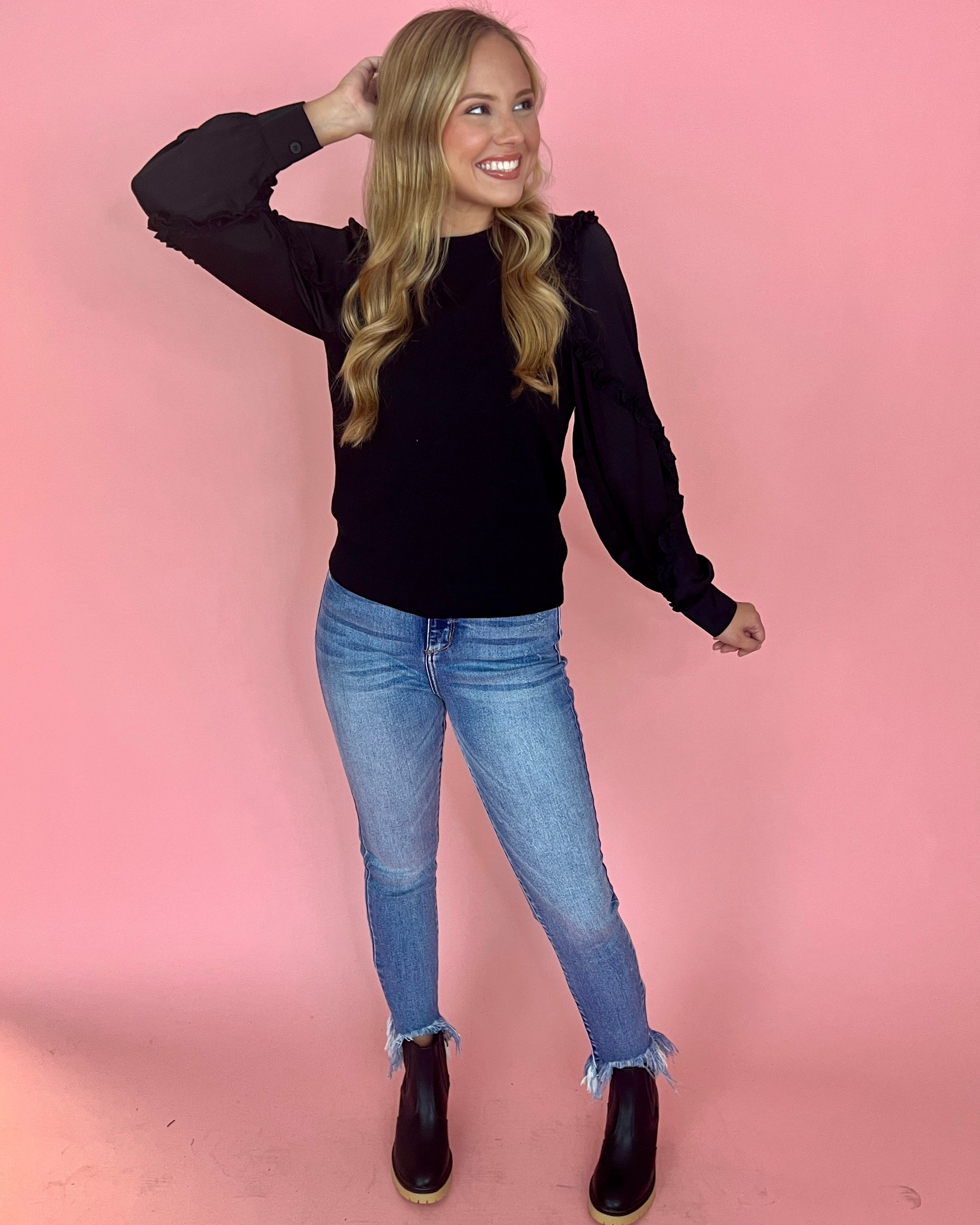 Excited For It Black Satin Ruffle Sweater-Shop-Womens-Boutique-Clothing