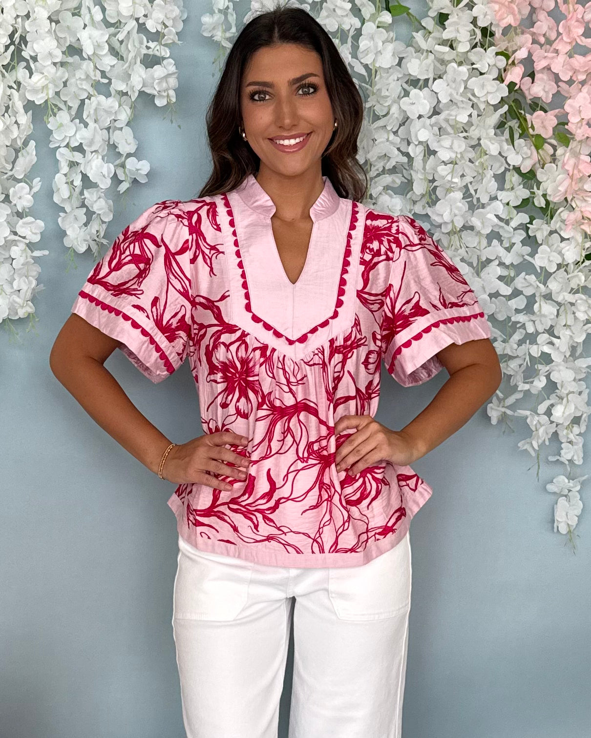 Summer Sorbet Pink Floral V-Neck Top-Shop-Womens-Boutique-Clothing