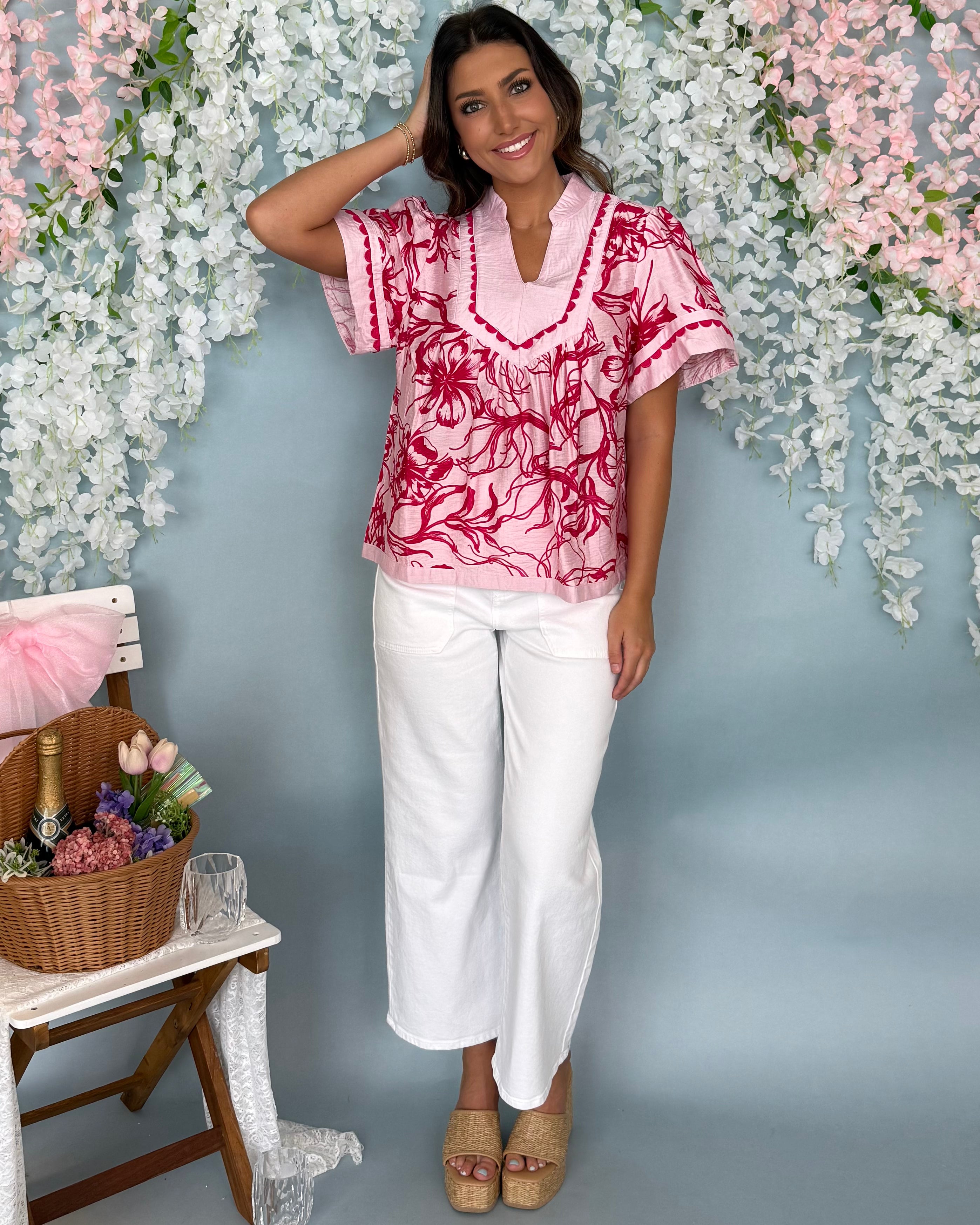Summer Sorbet Pink Floral V-Neck Top-Shop-Womens-Boutique-Clothing