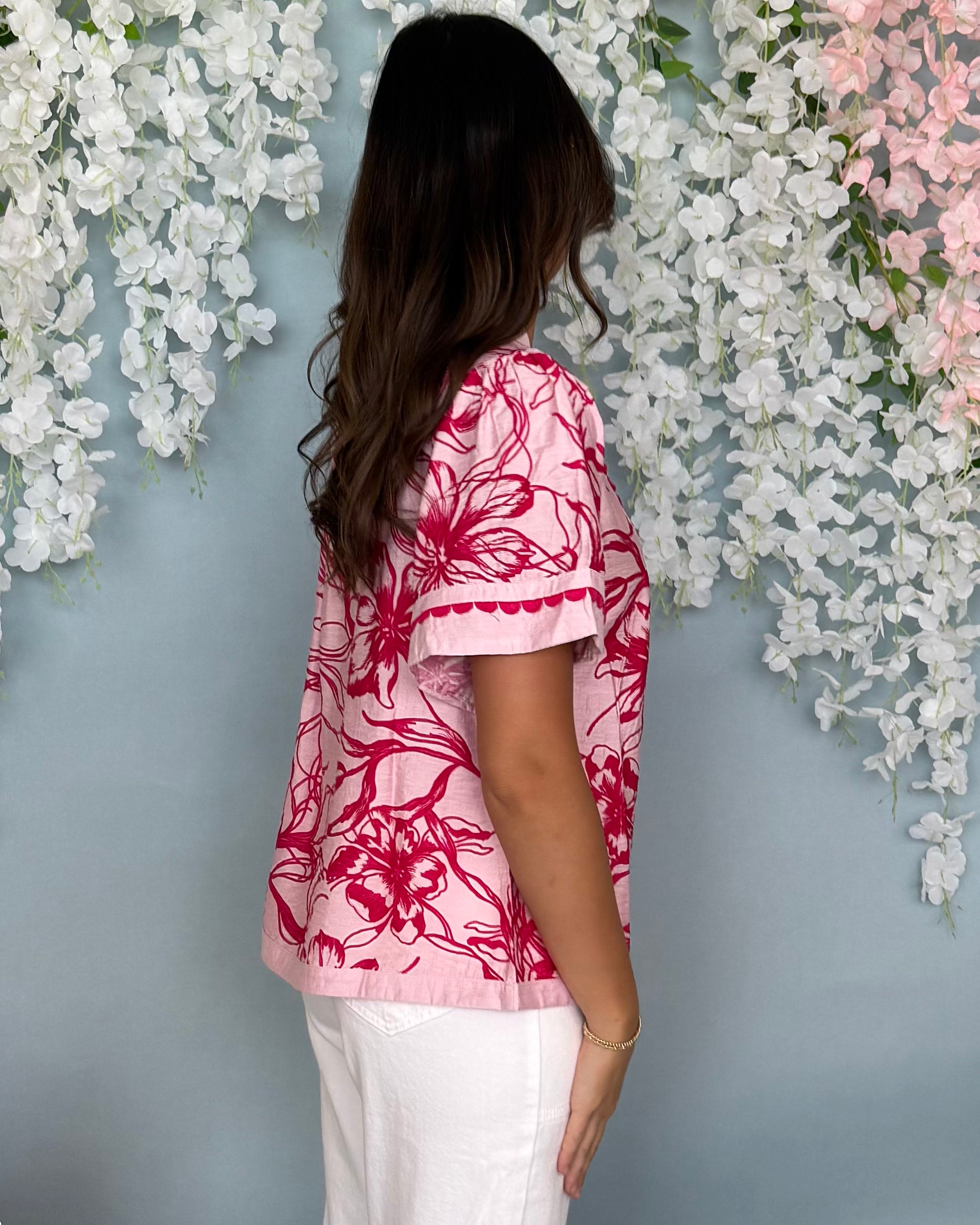 Summer Sorbet Pink Floral V-Neck Top-Shop-Womens-Boutique-Clothing