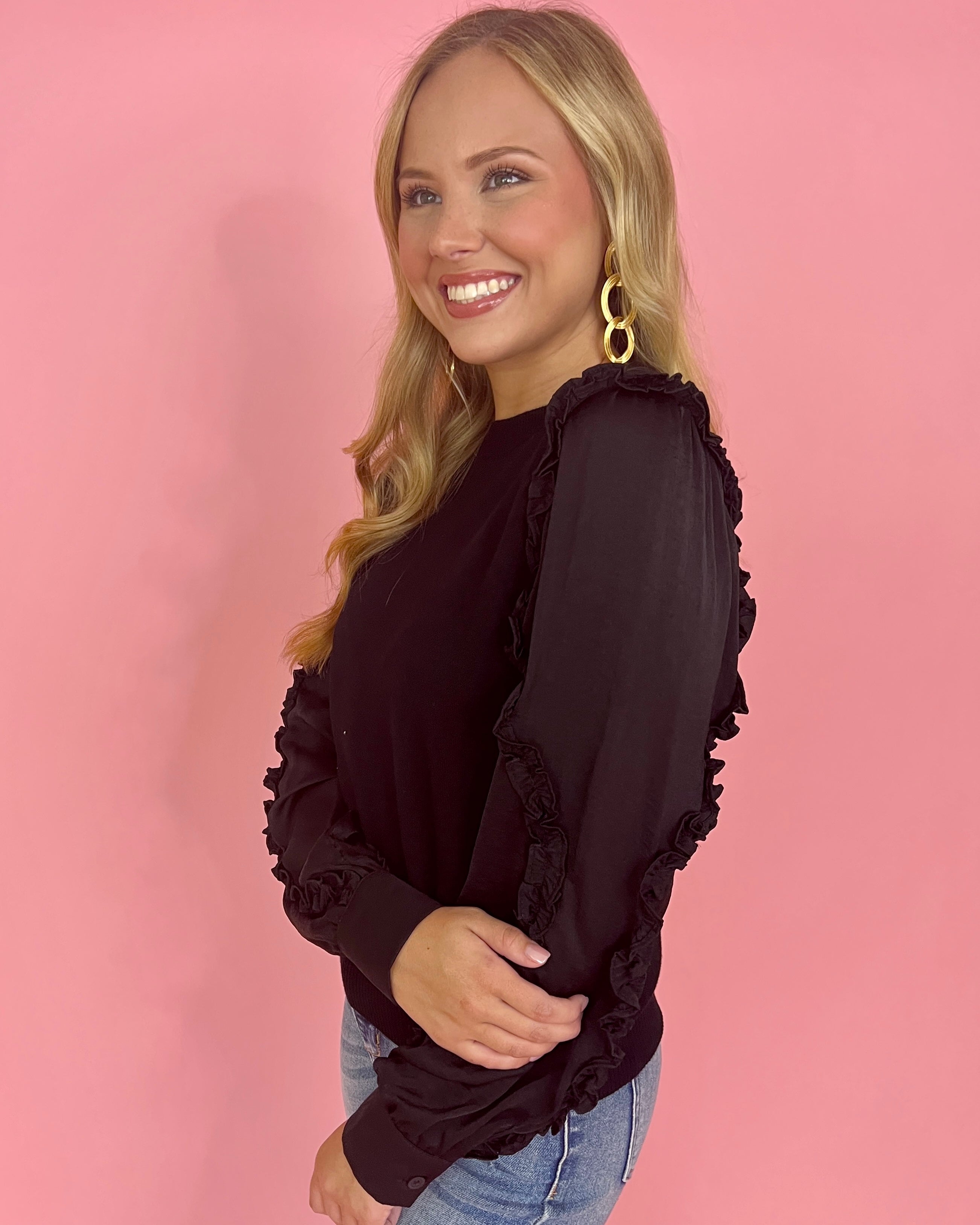Excited For It Black Satin Ruffle Sweater-Shop-Womens-Boutique-Clothing