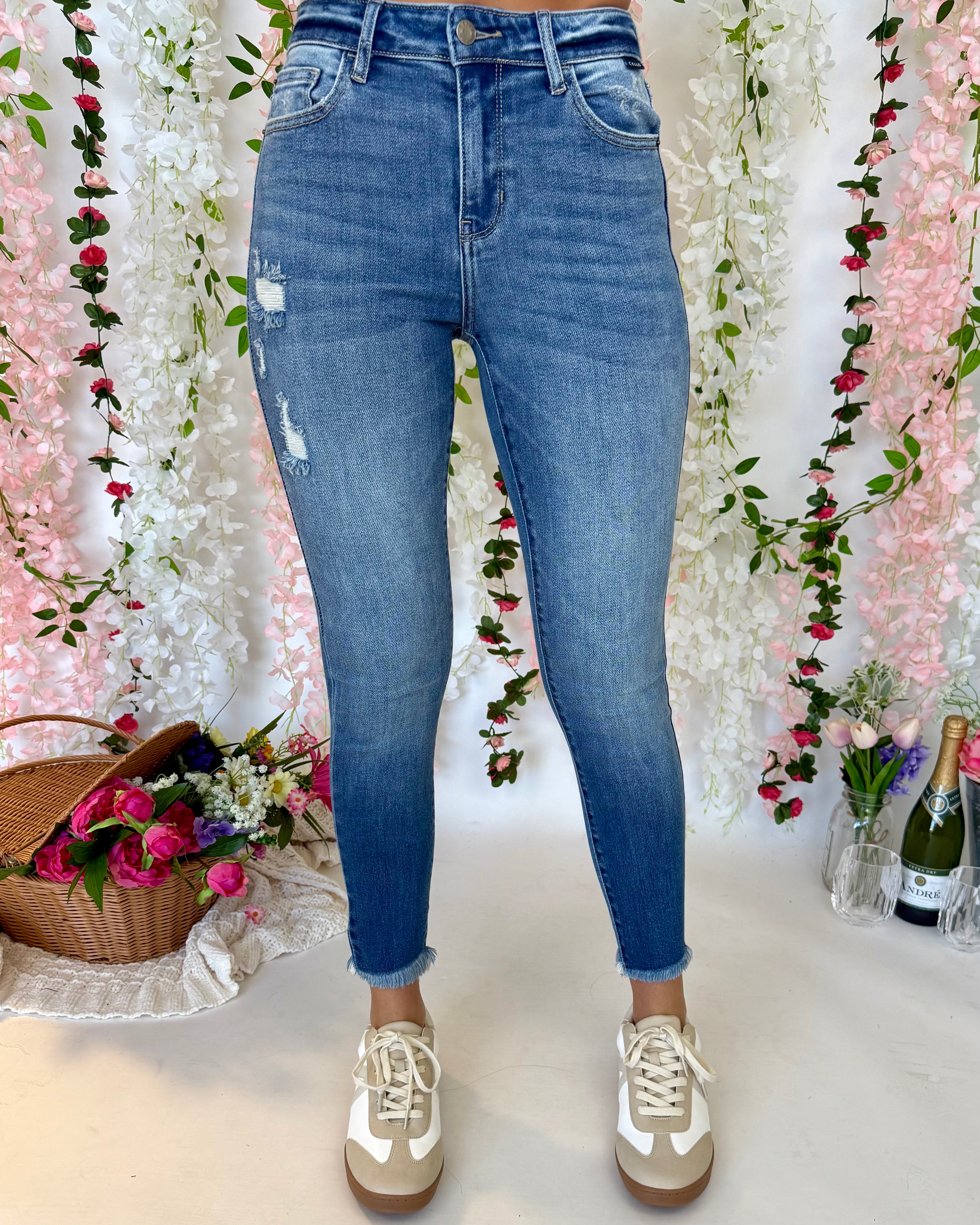 Do More Medium Denim Skinny Frayed Jeans-Shop-Womens-Boutique-Clothing
