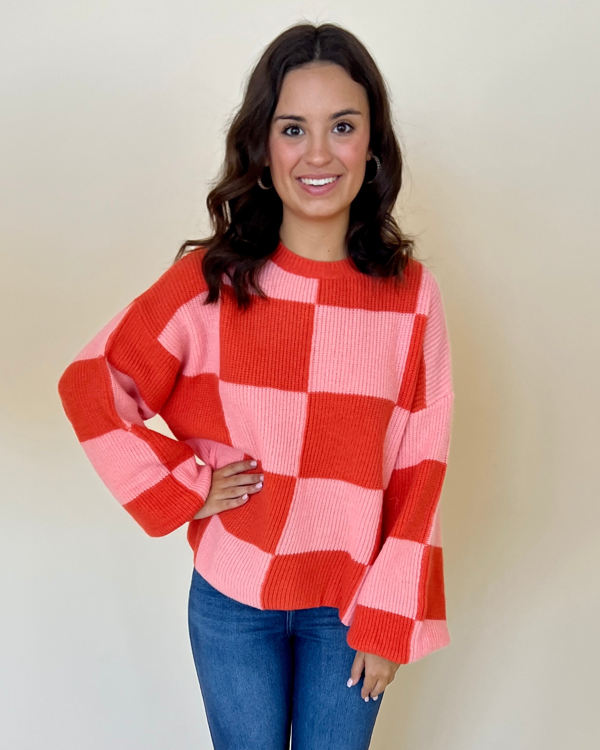 No Shortcuts Orange Apricot Checkered Sweater-Shop-Womens-Boutique-Clothing