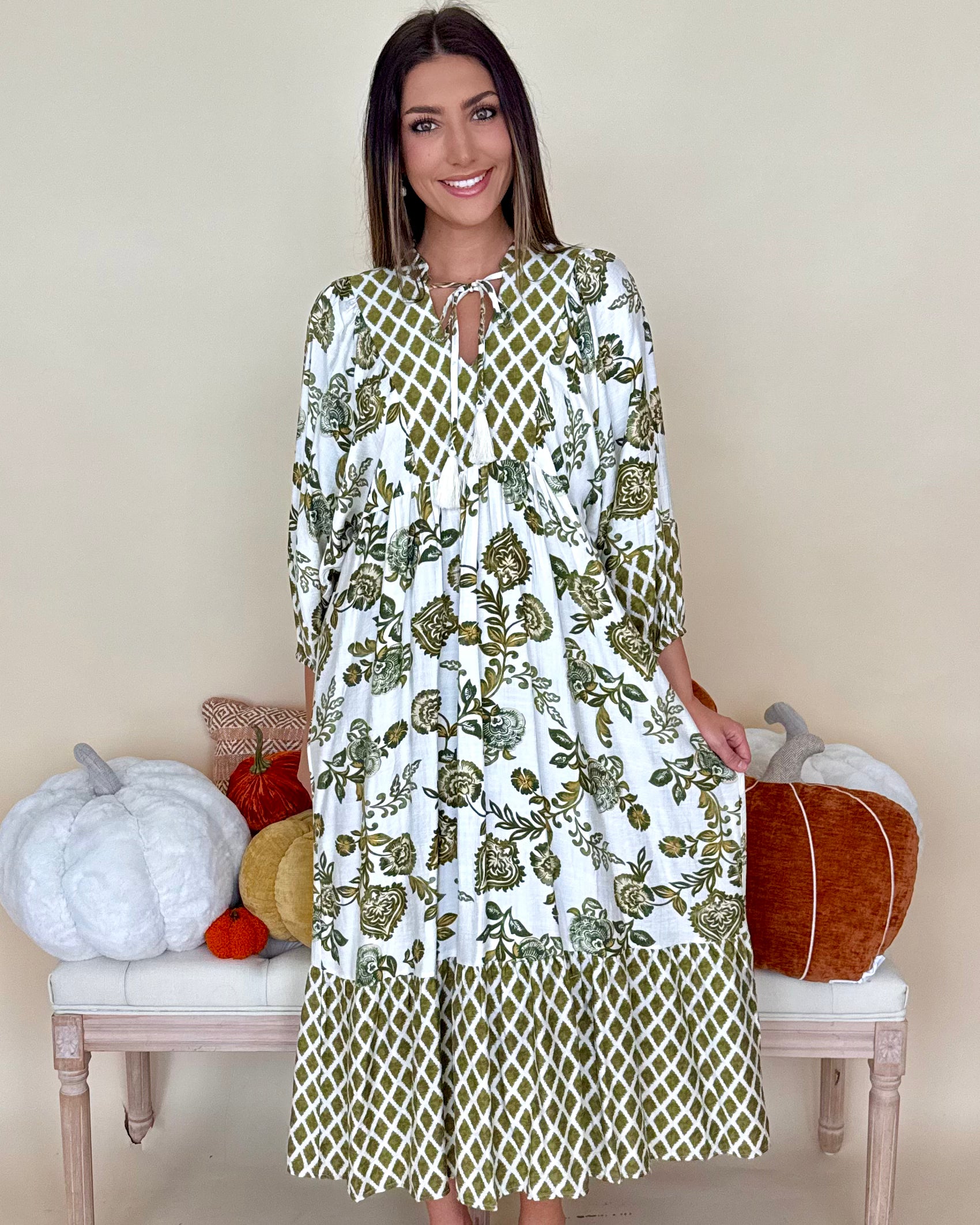 On Schedule Olive Mix Print Tie Midi Dress-Shop-Womens-Boutique-Clothing