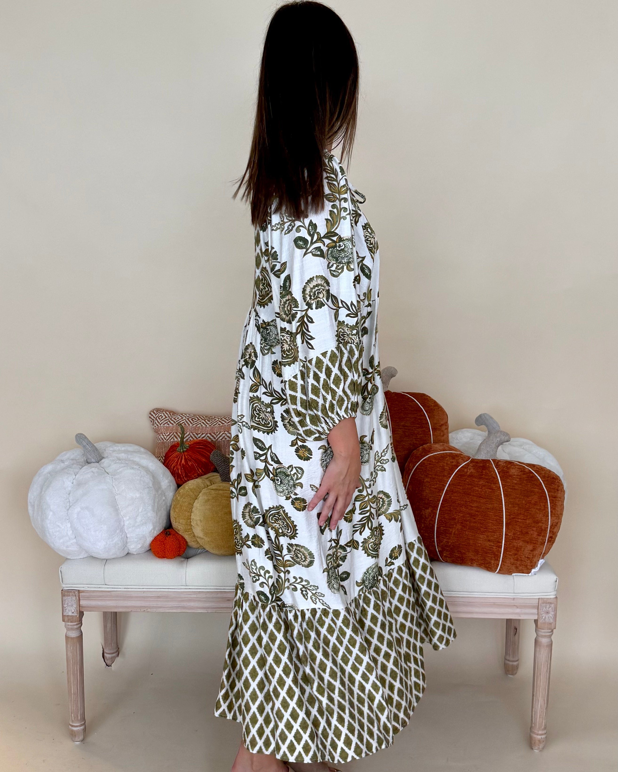 On Schedule Olive Mix Print Tie Midi Dress-Shop-Womens-Boutique-Clothing
