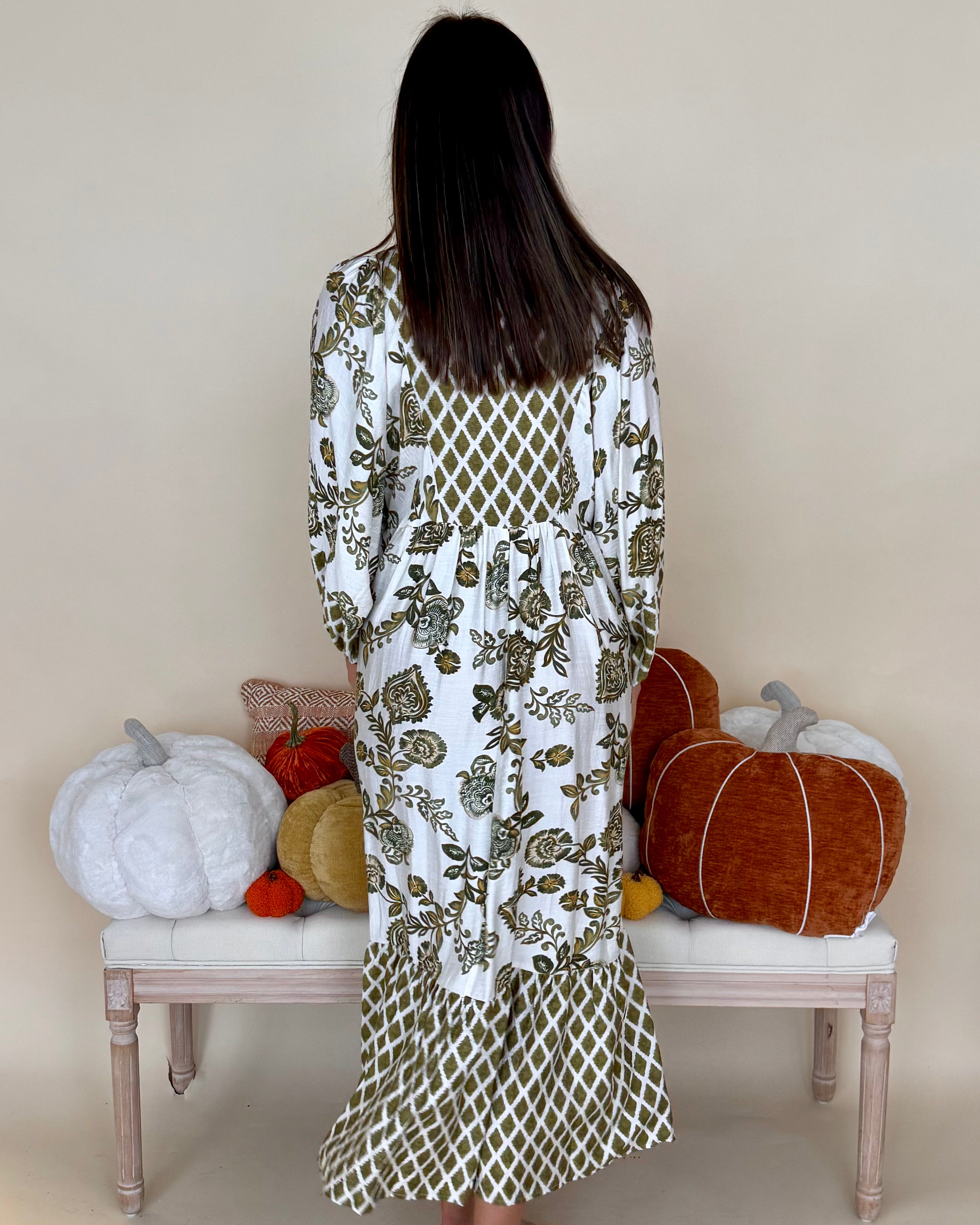 On Schedule Olive Mix Print Tie Midi Dress-Shop-Womens-Boutique-Clothing