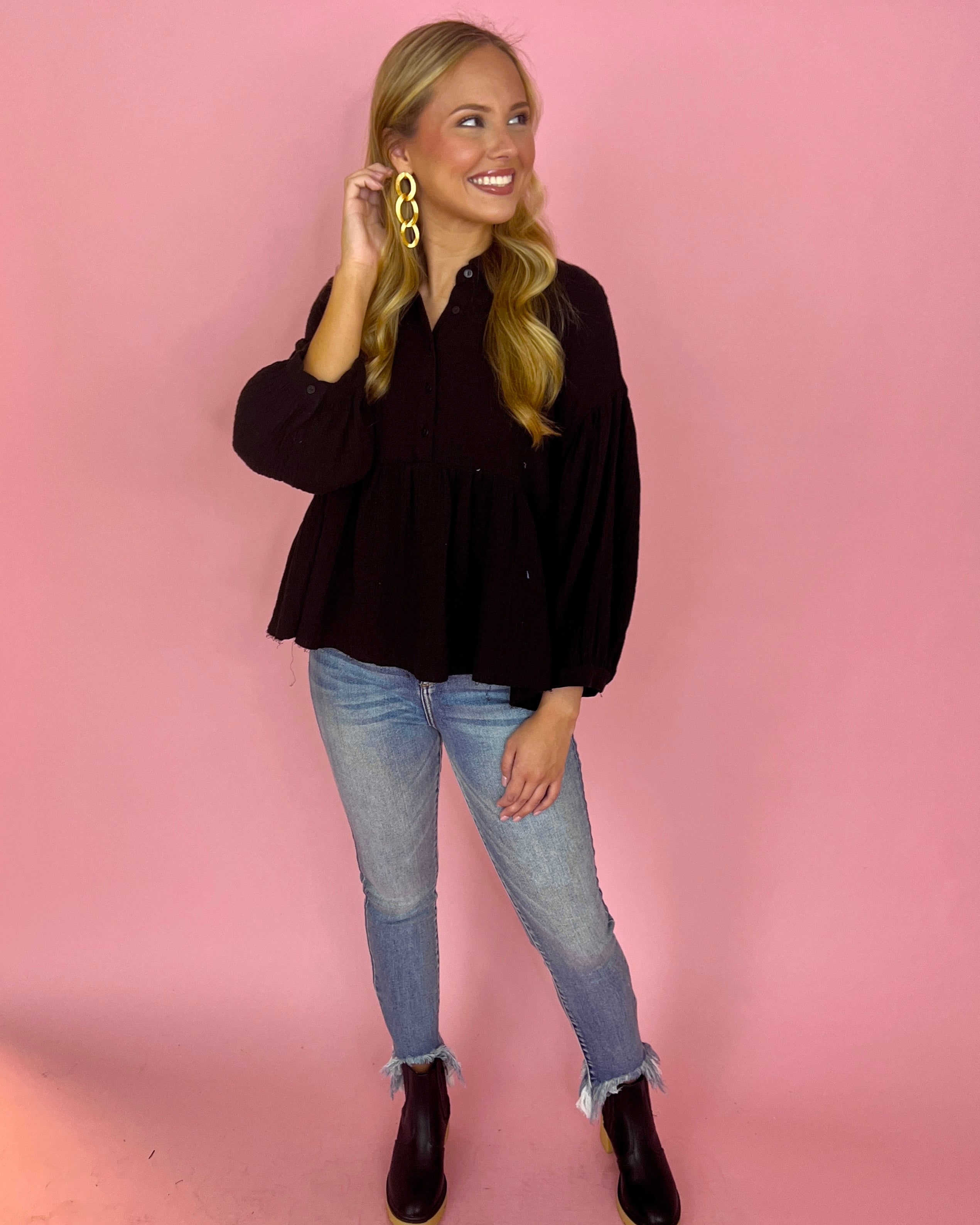 Sweet Gestures Black Crinkle Gauze Collared Top-Shop-Womens-Boutique-Clothing