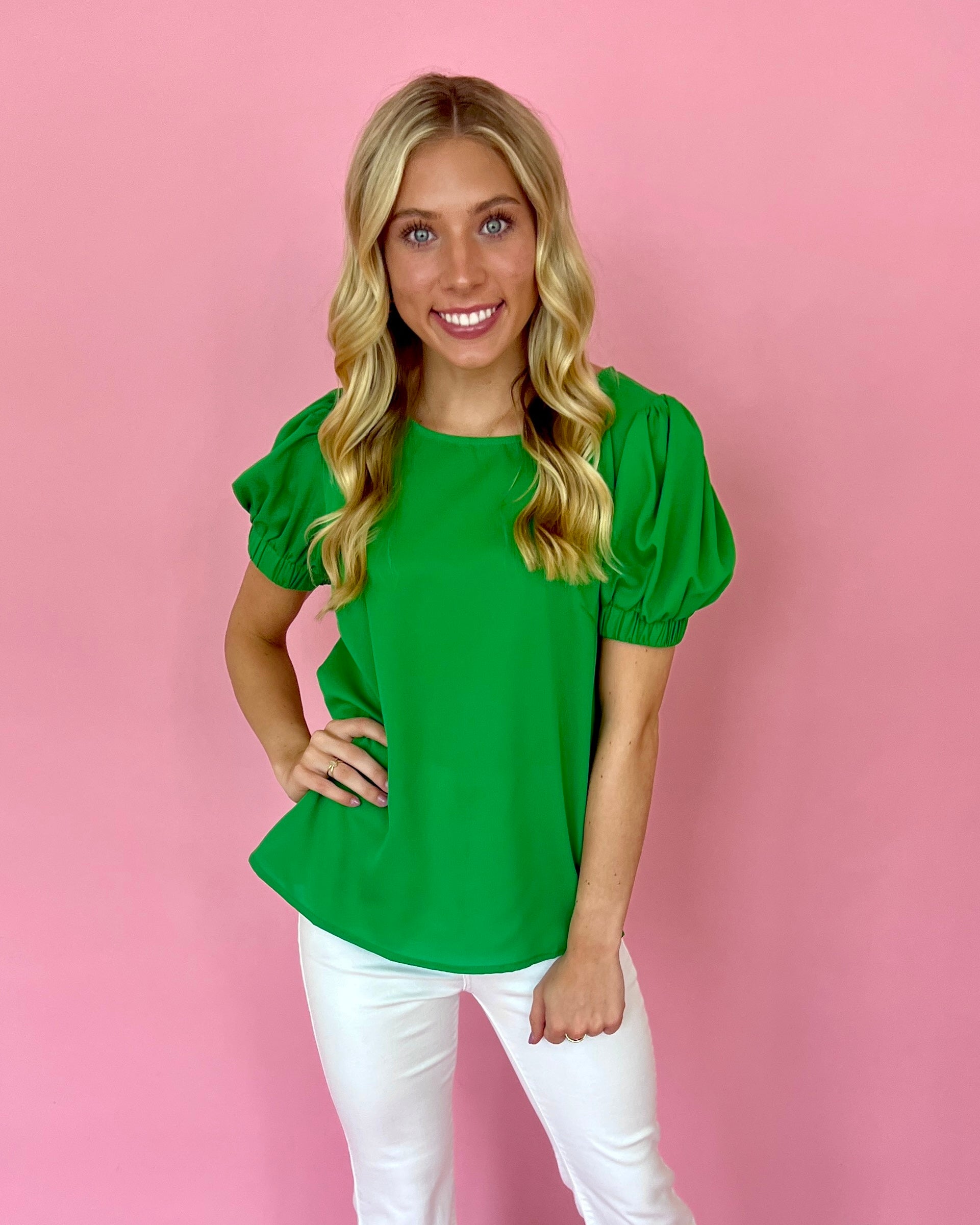 Story Of Your Life Green Round Neck Puff Sleeve Top-Shop-Womens-Boutique-Clothing