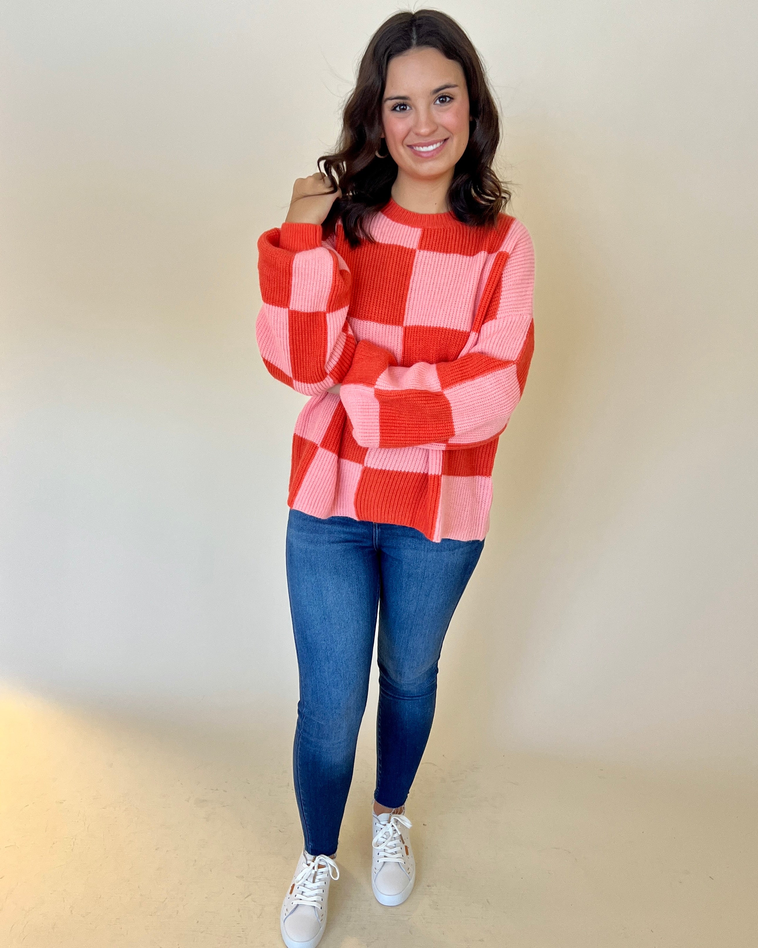 No Shortcuts Orange Apricot Checkered Sweater-Shop-Womens-Boutique-Clothing