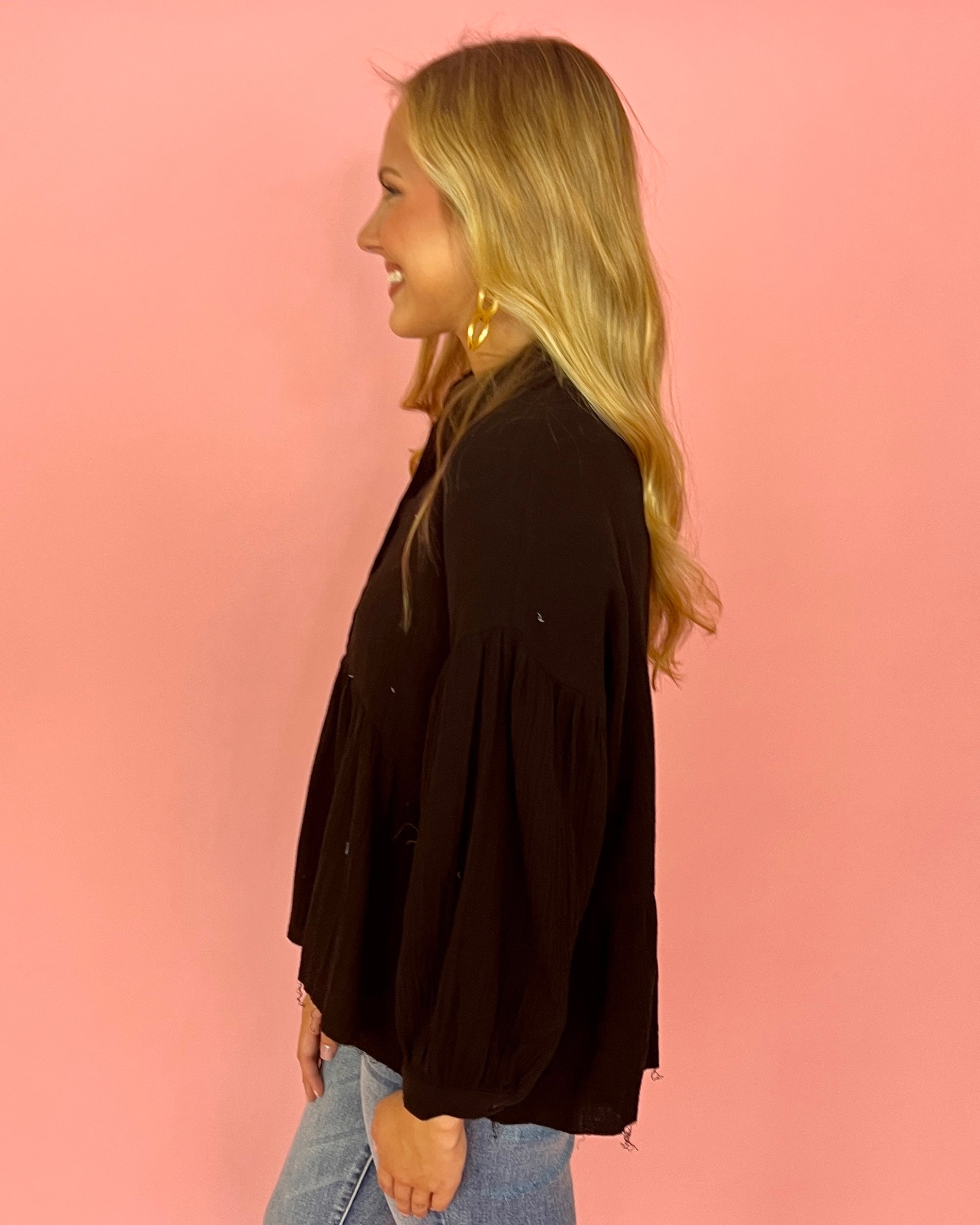 Sweet Gestures Black Crinkle Gauze Collared Top-Shop-Womens-Boutique-Clothing