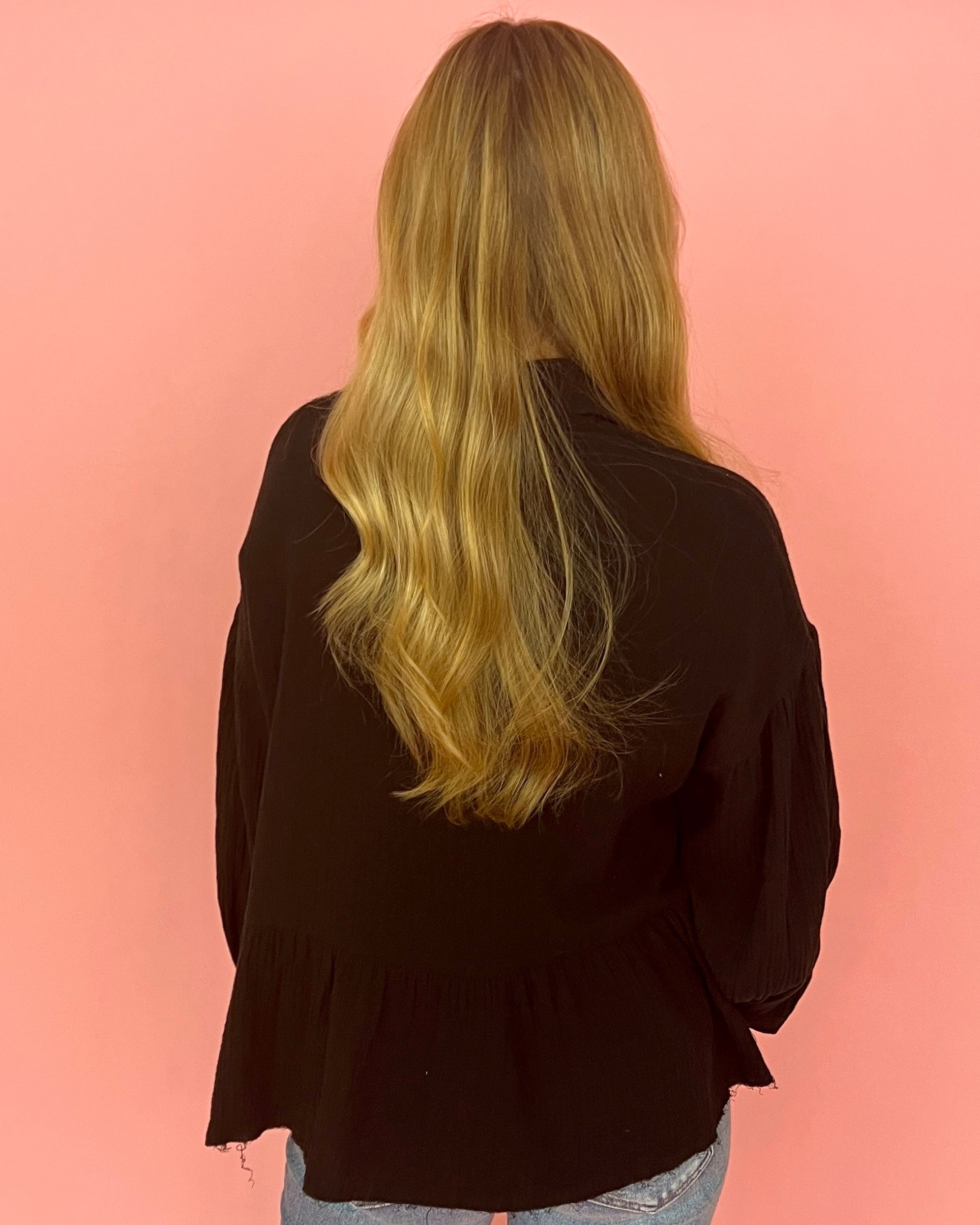 Sweet Gestures Black Crinkle Gauze Collared Top-Shop-Womens-Boutique-Clothing