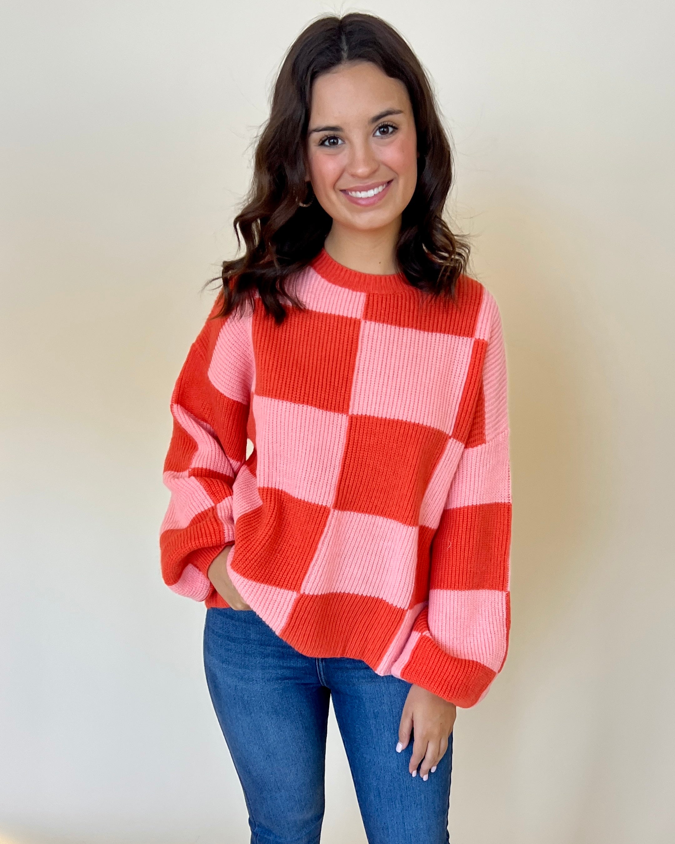 No Shortcuts Orange Apricot Checkered Sweater-Shop-Womens-Boutique-Clothing