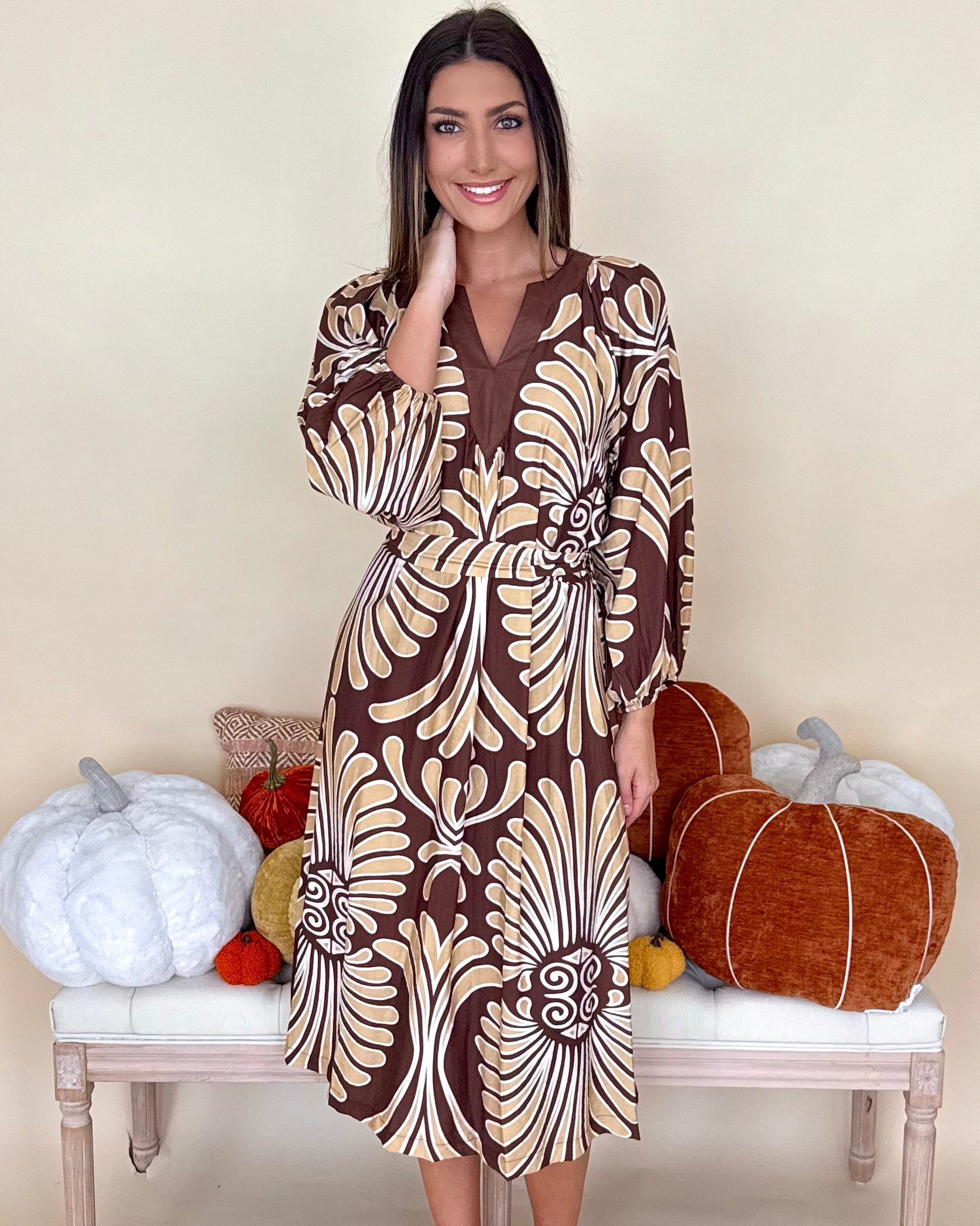 Feeling Pretty Brown Abstract Belted Midi Dress-Shop-Womens-Boutique-Clothing