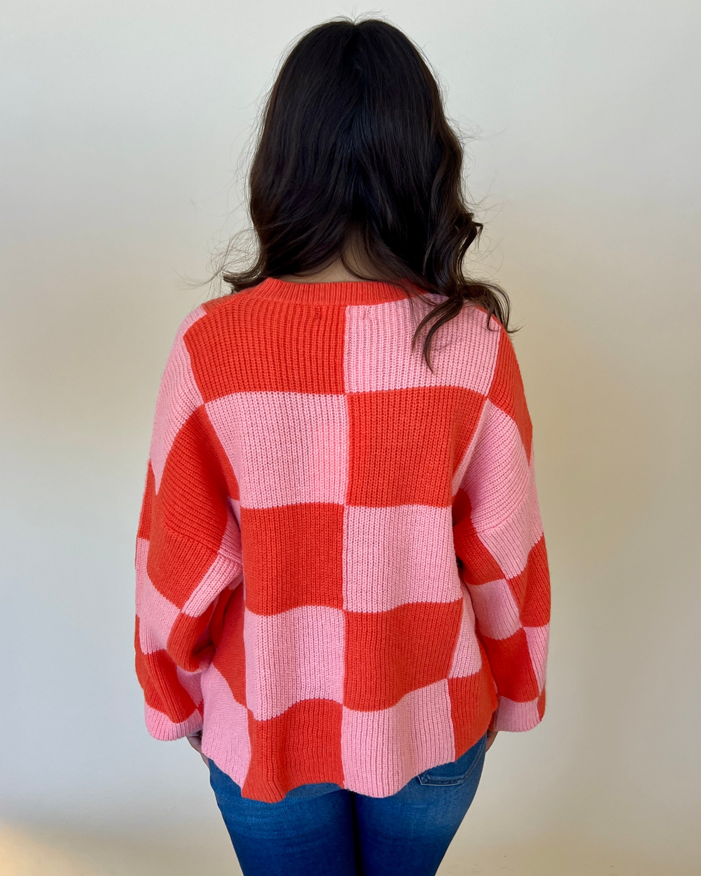 No Shortcuts Orange Apricot Checkered Sweater-Shop-Womens-Boutique-Clothing