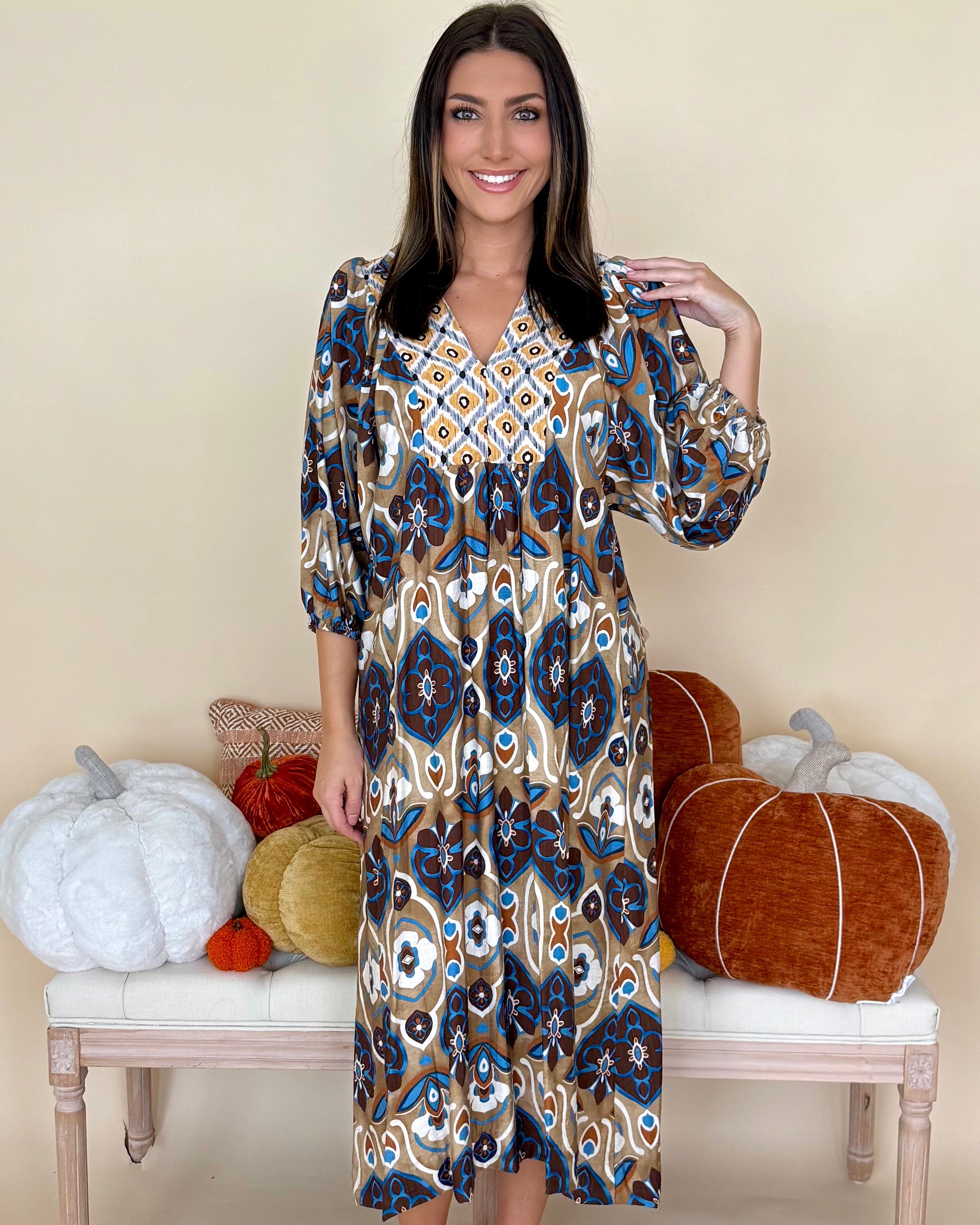 Best Day Latte Mix Abstract Midi Dress-Shop-Womens-Boutique-Clothing