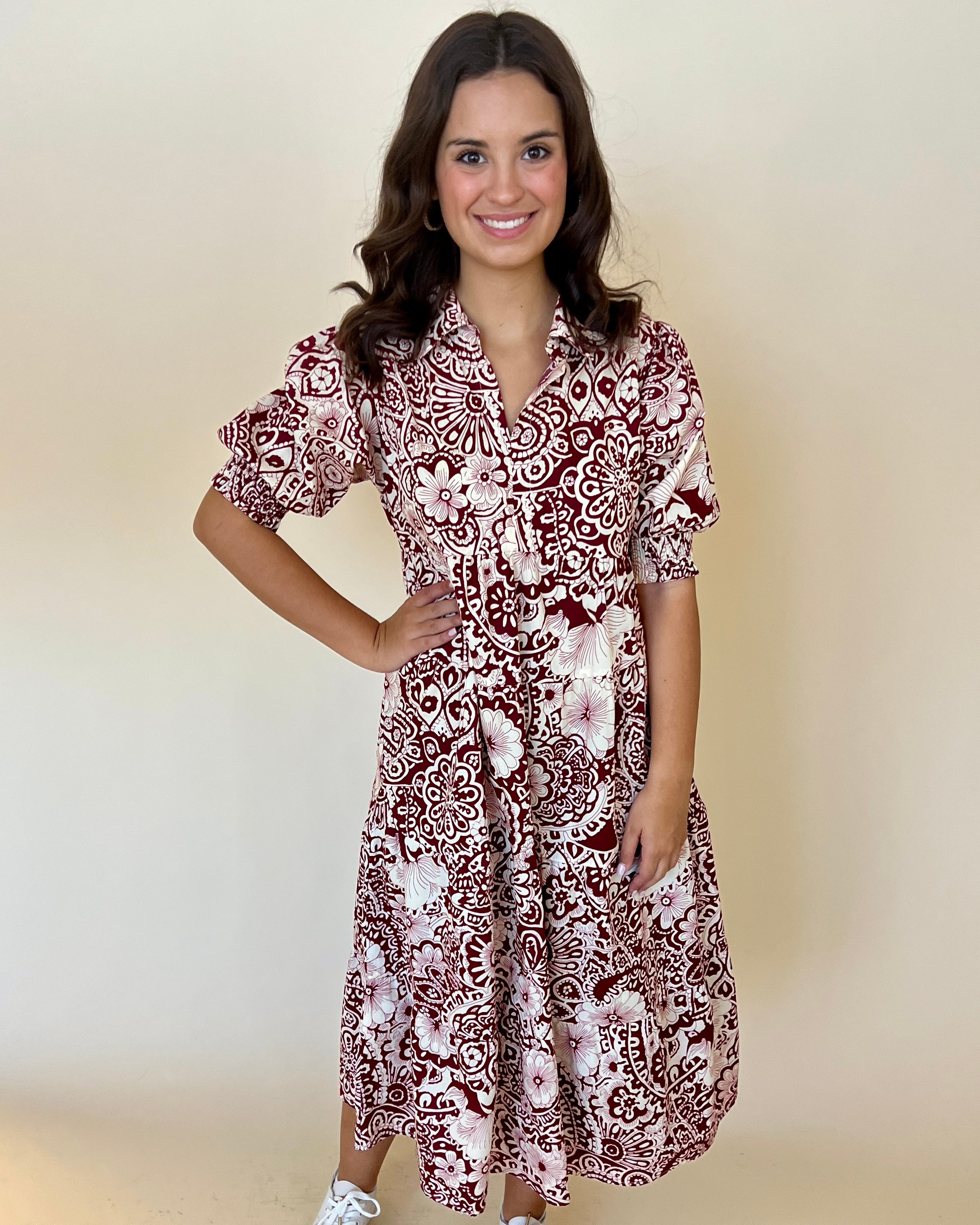Grand Entrance Sangria Floral Midi Dress-Shop-Womens-Boutique-Clothing