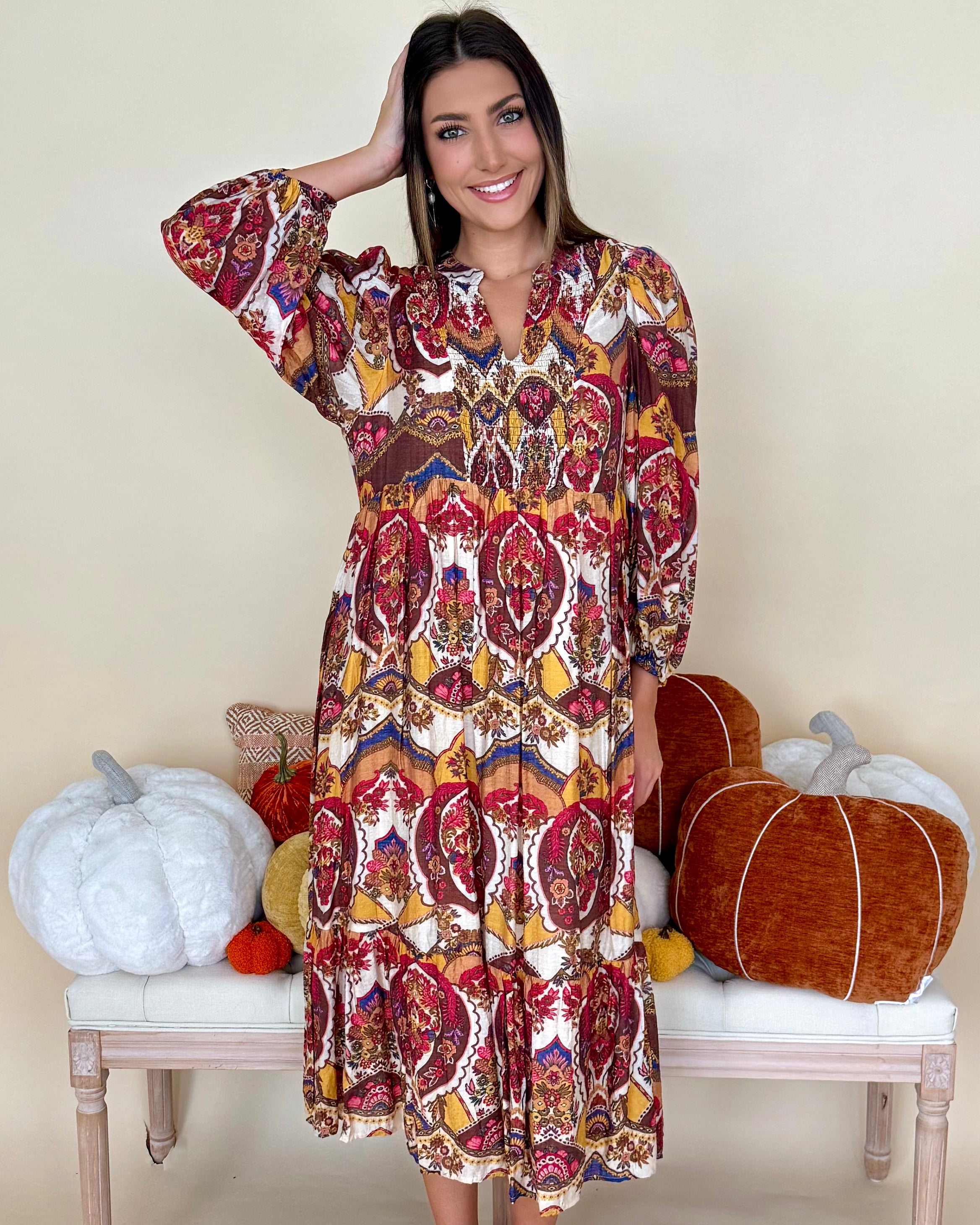 Harvest Lane Brown Mix Print Midi Dress-Shop-Womens-Boutique-Clothing