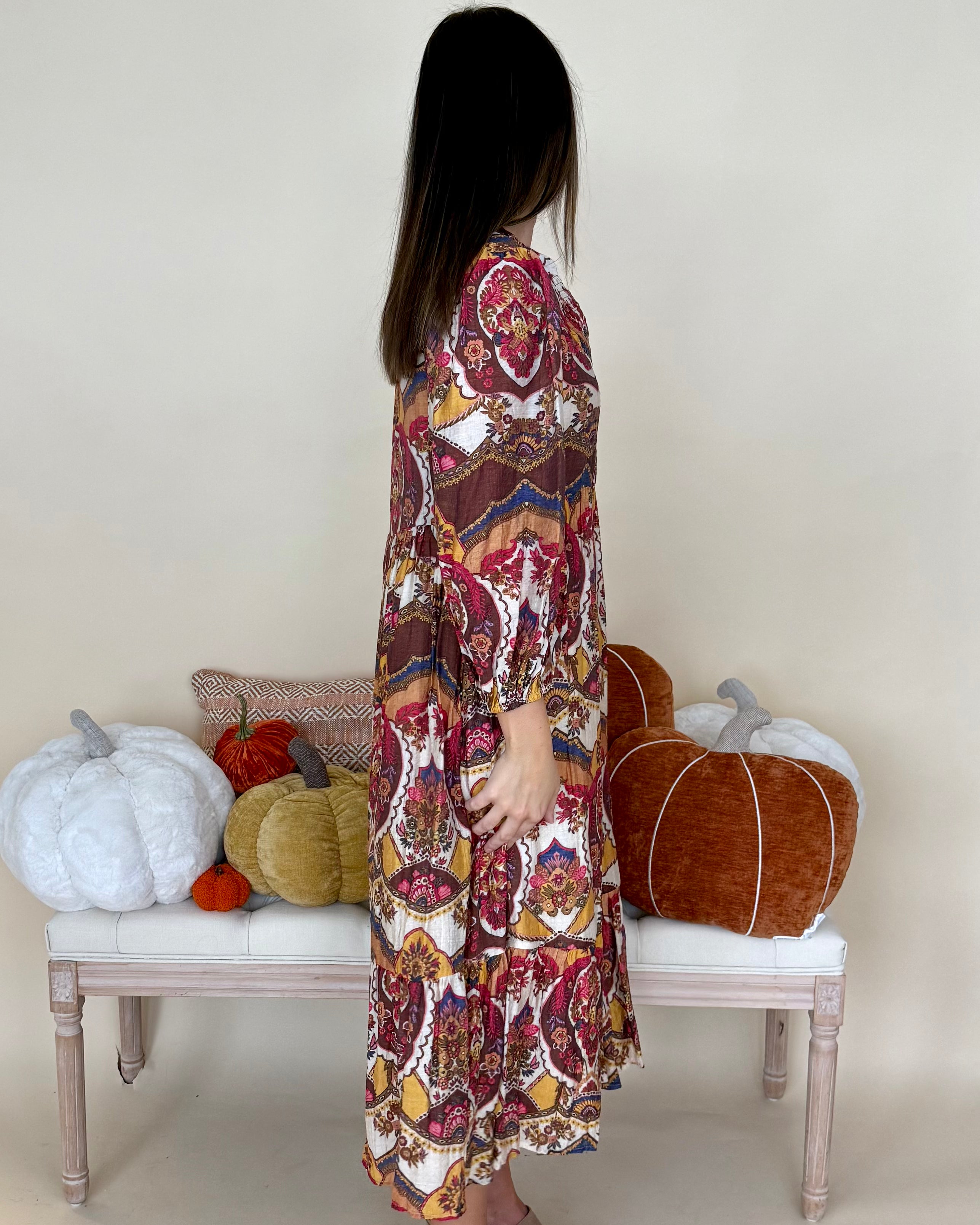 Harvest Lane Brown Mix Print Midi Dress-Shop-Womens-Boutique-Clothing
