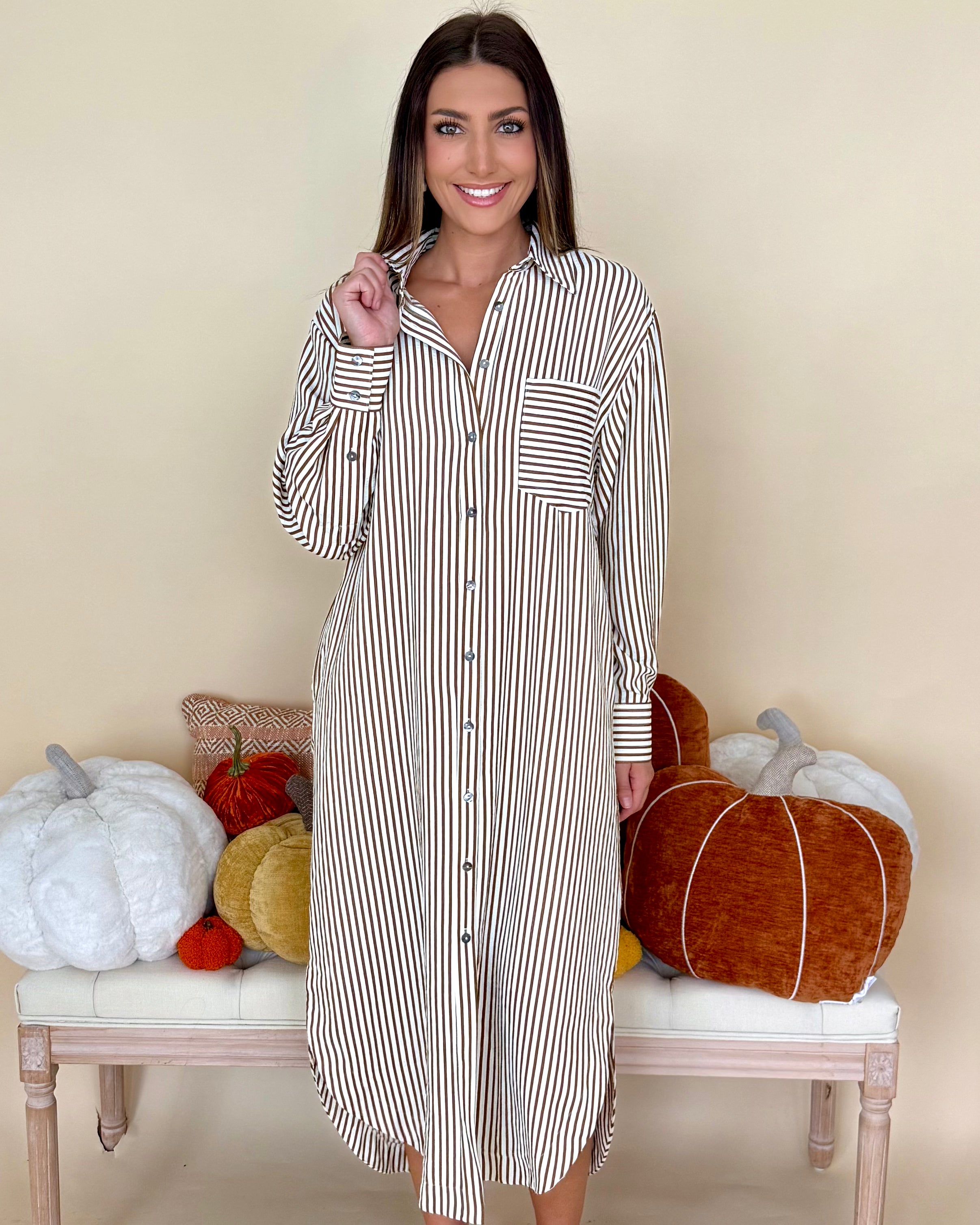 Sweet Little Things Caramel Stripe Midi Shirt Dress-Shop-Womens-Boutique-Clothing